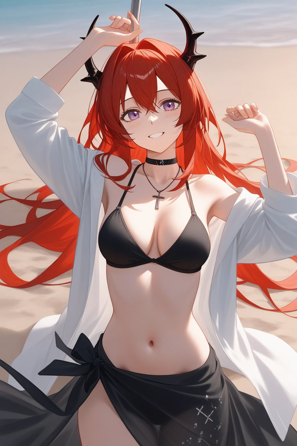 best quality、Photoreal、Super fine illustration、beautiful and charming anime girl,Eris Greyrat、Red hair、red eye、Ahoge、(serious expression、close your mouth)、(tall、slim body、small breasts、firm round chest)、The only girl、girl pictures、 wear a micro bikini、High leg、string bread、Attractive mouth、Makeup、impressive red lips,