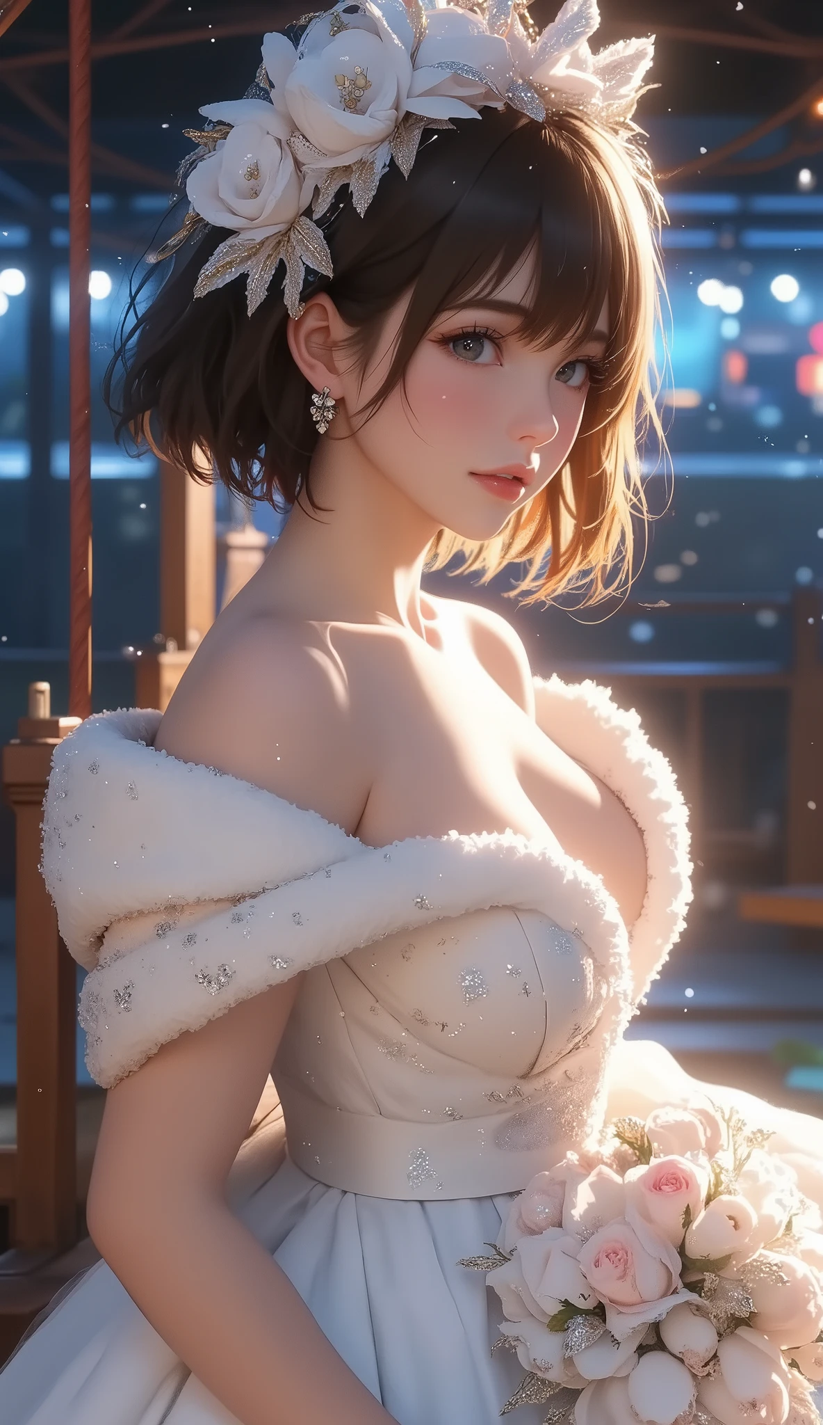 best quality , Super quality, 16k, Unbelievably Absurd, very detailed, 2.5D, delicate and dynamic, Kiri Reina female, seductive smile, (big breasts:1.2), (Uplifted and well-defined bust:1.2), (lifted chest:1.2), (perky breasts :1.2),(deep cleavage:1.4), pure white wedding dress , great style , bouquet, steampunk, DIESEL PUNK , clock punk , cyberpunk, Glitter effect