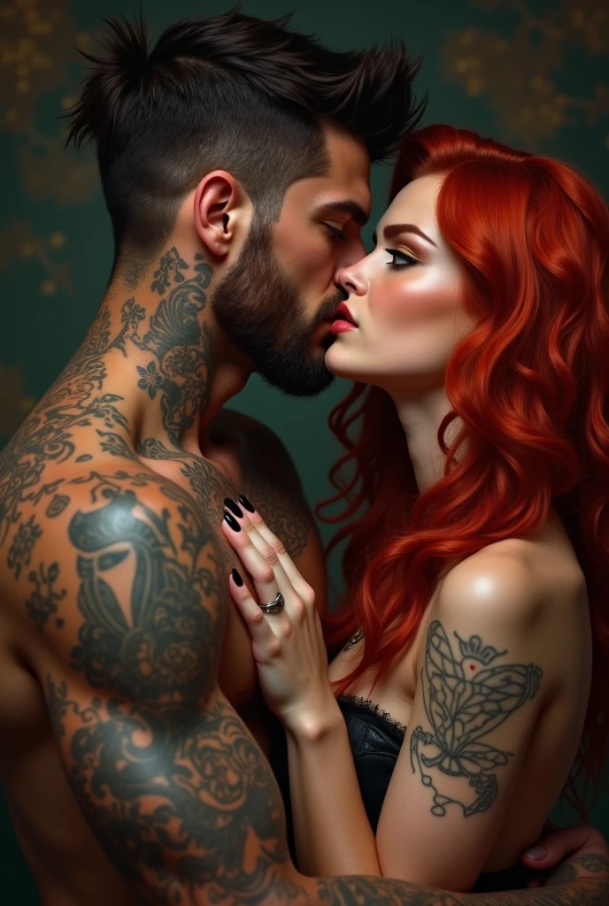 make a girl with straight red hair hugging a man while they look forward the man has tattoos