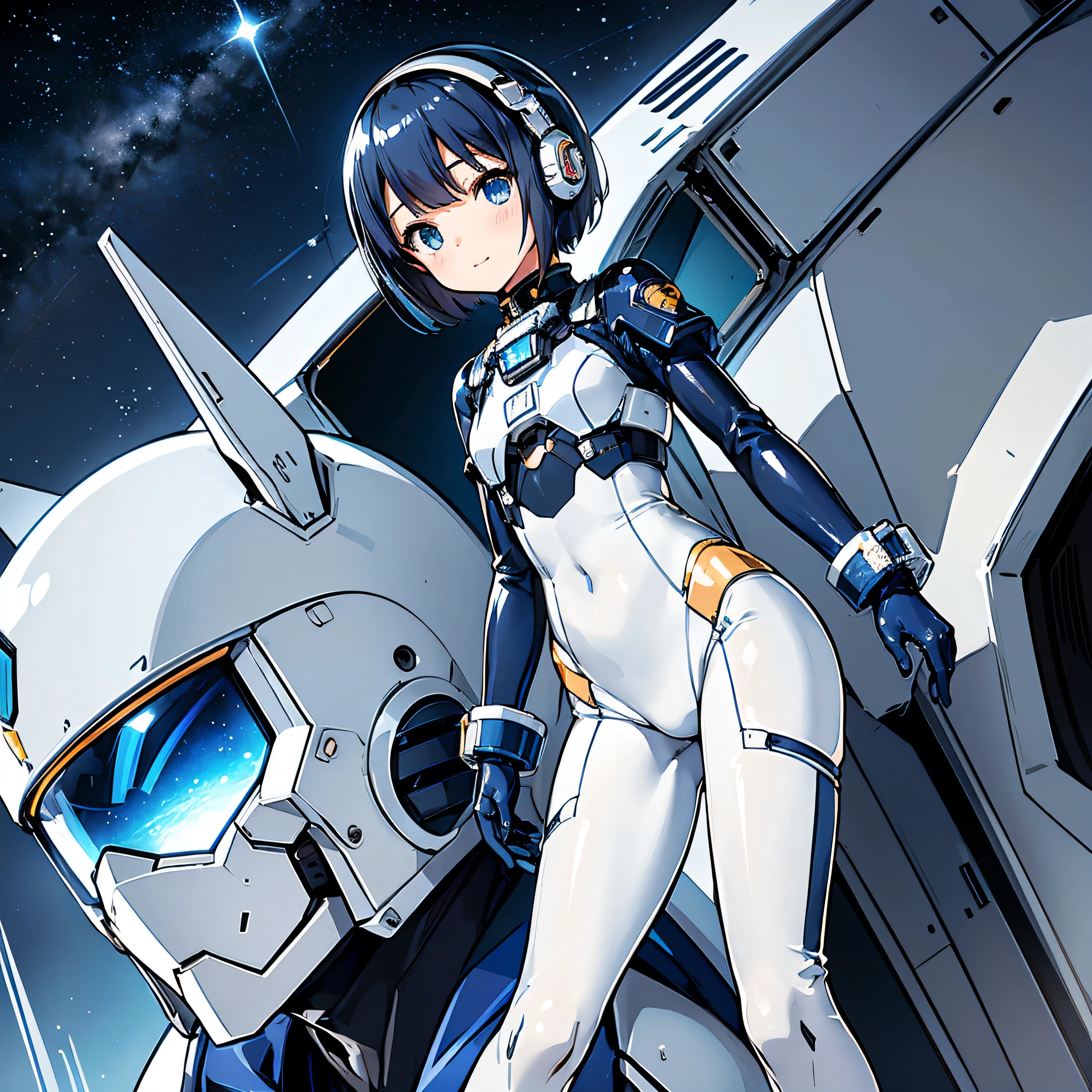 (masterpiece、 best quality 、 highest resolution、 Clear Images 、 Detailed Details )：(whole body、 20 year old girl、The Face of Japan、Small face、 slender、 dark blue super short bob cut hair 、(Hidden small breasts:1.3)、 Sparkling Blue Eyes 、white and navy blue shiny pilot suit、Chest protection armor、 tight clothes、whole bodyを覆うwhite and navy blue shiny pilot suit、魅力的なwhite and navy blue shiny pilot suit、 fitted pants 、肌を隠すwhite and navy blue shiny pilot suit、 very delicate and beautiful、胸を隠すwhite and navy blue shiny pilot suit、肩を隠すwhite and navy blue shiny pilot suit、 detailed skin、太ももを隠すwhite and navy blue shiny pilot suit、お尻を隠すwhite and navy blue shiny pilot suit、脇を隠すwhite and navy blue shiny pilot suit、足を隠すwhite and navy blue shiny pilot suit、 is cute 、 gentle smile 、 kind expression、heroine、 headset、 Long Boots 、 elbow length gloves 、Eye shot 、 peace talks between fighting factions 、attention arousal、Clever Blue Eyes 、straight face )、Spaceship、Moon in the background、 Galactic Clouds in the Background 、Meteor Shower、Meteor Shower、Saturn、Neptune、comet