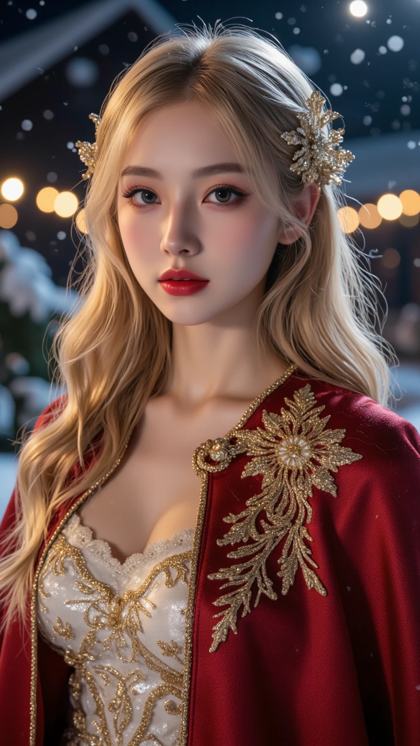 Beautiful Snow Queen (beautiful eyes, beautiful red lips, white skin, long golden hair), wearing red cape with white hair, cape with beautiful gold thread embroidery with fine fractal pattern, shiny cape, innocent smile, snowy night, Christmas lights, (light blur: 1.3), close-up face, masterpiece, high quality, high image quality, 8k, 16k, details
