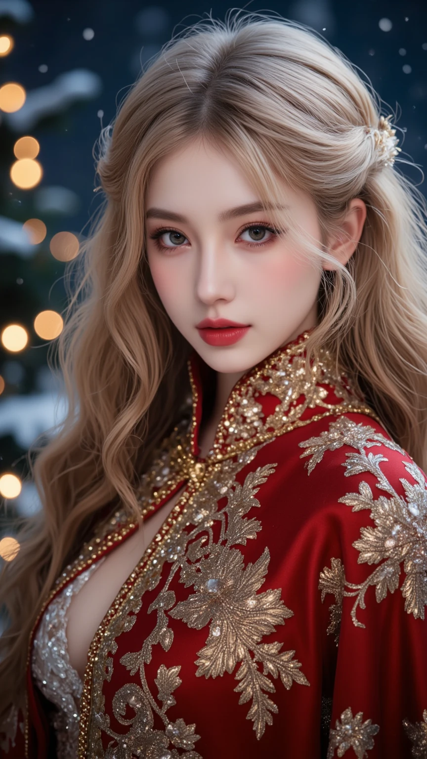 Beautiful Snow Queen (beautiful eyes, beautiful red lips, white skin, long golden hair), wearing red cape with white hair, cape with beautiful gold thread embroidery with fine fractal pattern, shiny cape, innocent smile, snowy night, Christmas lights, (light blur: 1.3), close-up face, masterpiece, high quality, high image quality, 8k, 16k, details