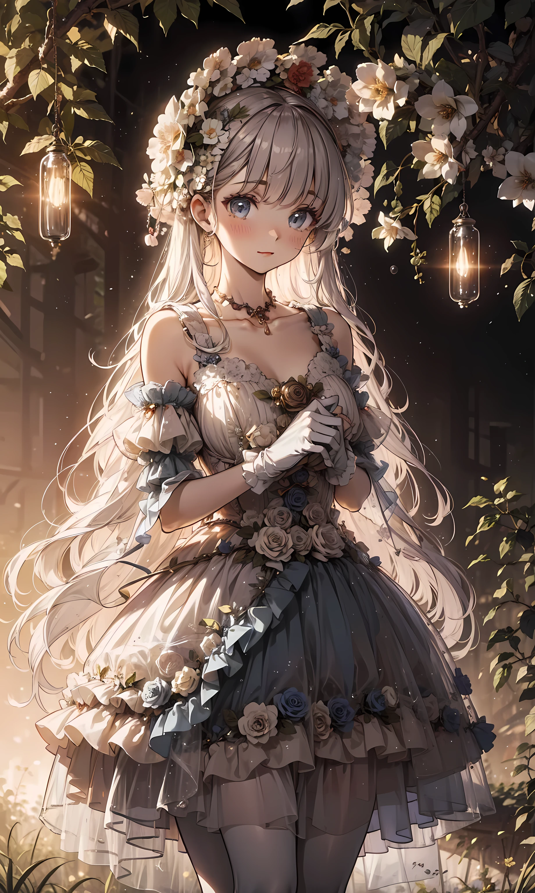 masterpiece, best quality, Super detailed in a humid forest , illustration, 极其精致 Beautiful , 1 Girl, Unique , Seductive Posture,flower,( Beautiful ,Large target_Chest),Giggles,ta_skirt,nature,flower garden, Transparent fabric ,Lace,Puff sleeves, detailed stripes and decorations ,Long gloves,Dusk background