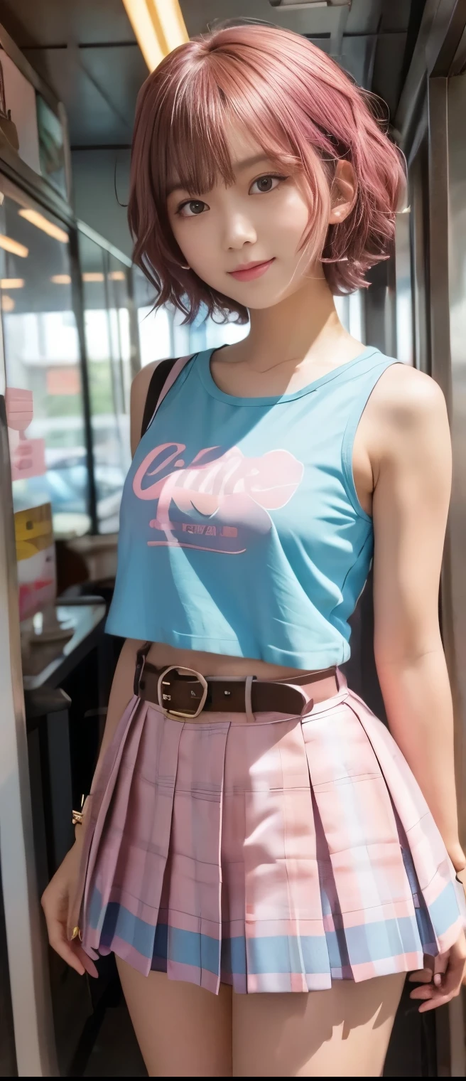 pure idol girl(Short Hair)、A pure girl's face、Tanned Thick Legs 、 light blue pleated mini skirt、pink punk shirt (Sleeveless)、happy belt