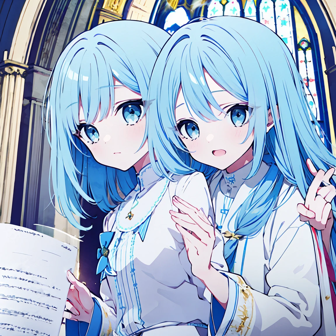  super precision 　 best quality 　One person　Blue hair and blue eyes like jewels　 cute　Glass　Cracked　Background、Fantastic church