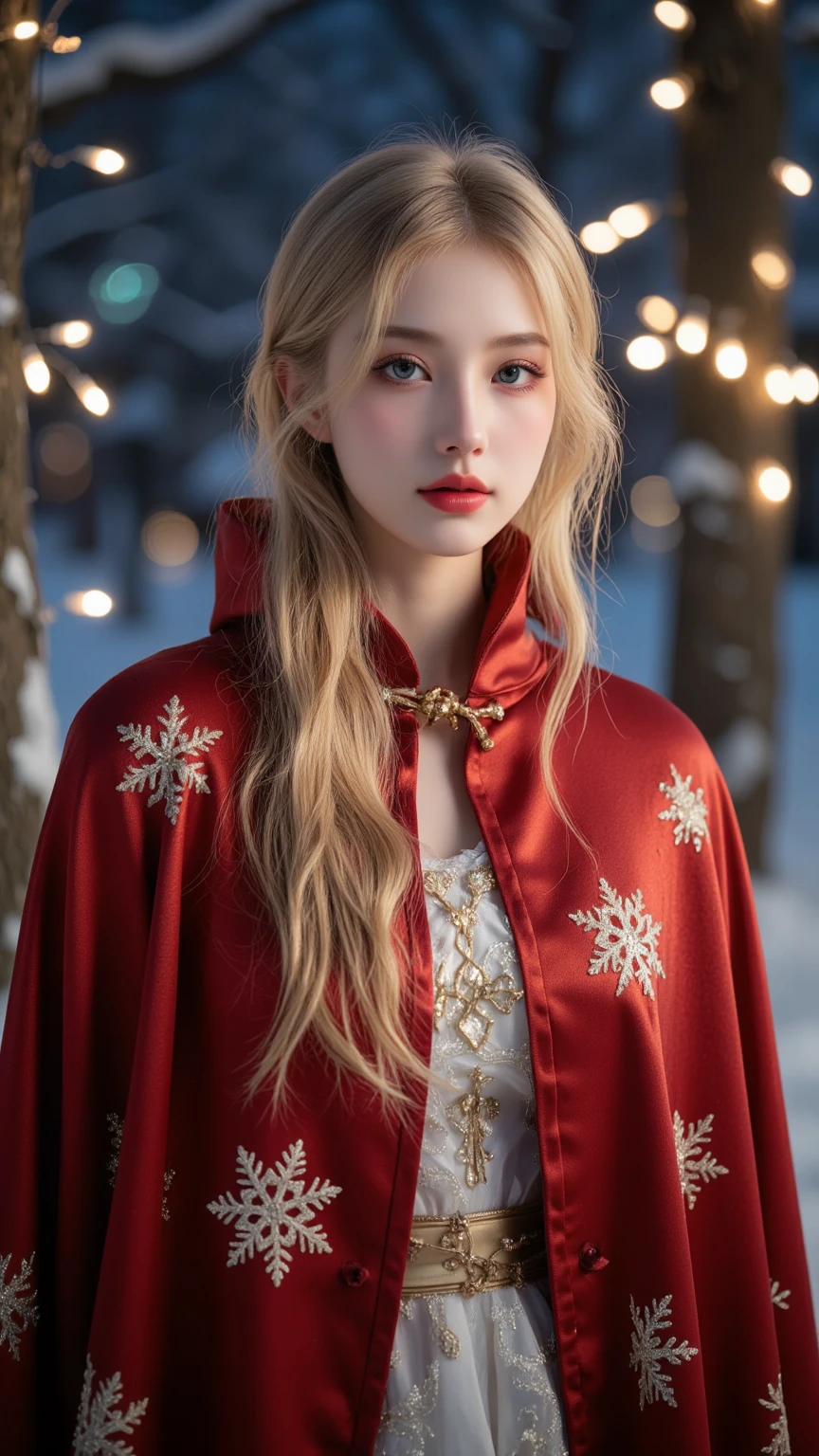 Beautiful Snow Queen (beautiful eyes, beautiful red lips, white skin, long golden hair), wearing red cape with white hair, cape with fine and beautiful gold thread embroidery with snowflake pattern, shiny cape, innocent smile, snowy night, Christmas lights, (light blur: 1.3), close-up face, masterpiece, high quality, high image quality, 8k, 16k, details