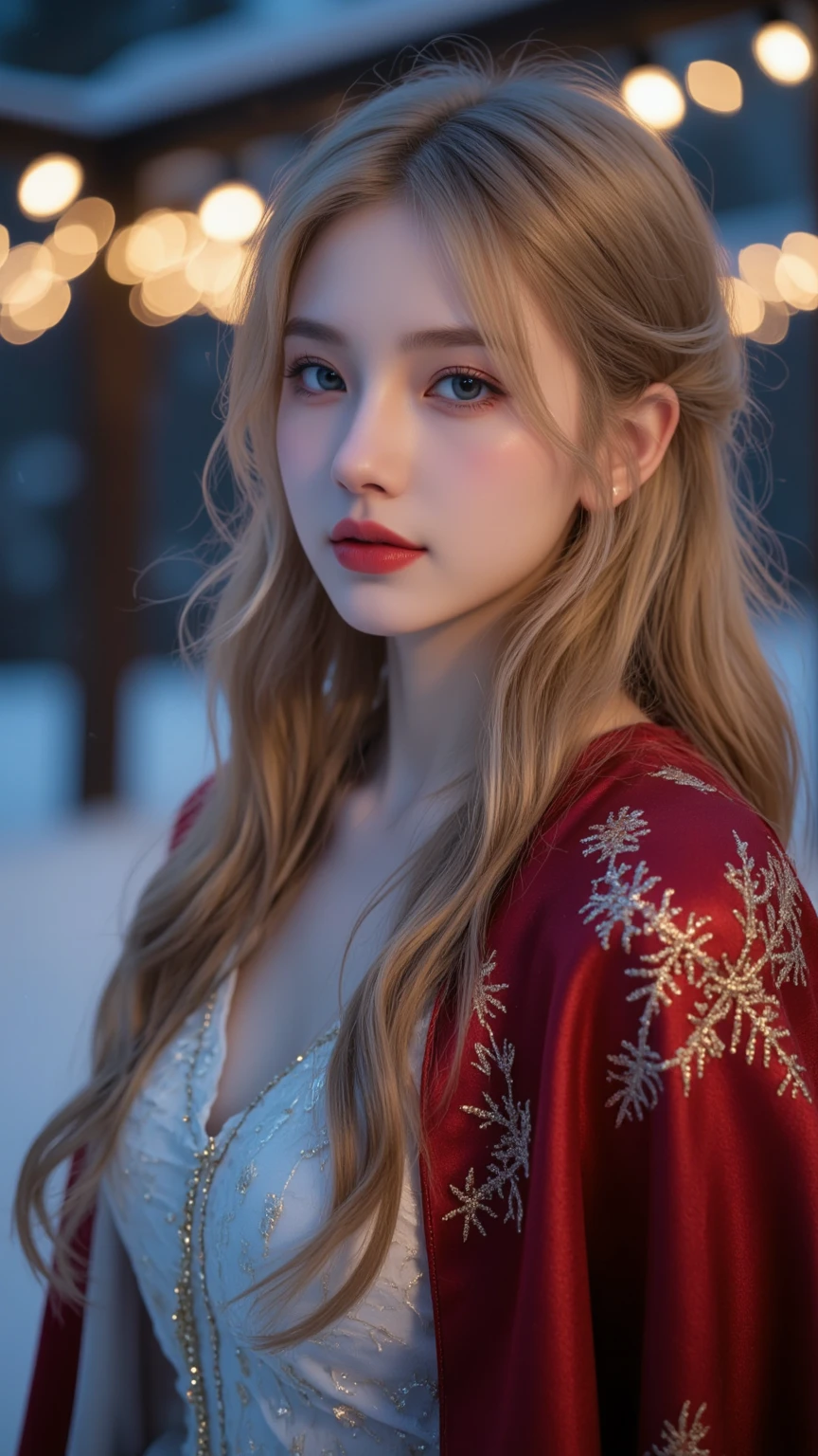 Beautiful Snow Queen (beautiful eyes, beautiful red lips, white skin, long golden hair), wearing red cape with white hair, cape with fine and beautiful gold thread embroidery with snowflake pattern, shiny cape, innocent smile, snowy night, Christmas lights, (light blur: 1.3), close-up face, masterpiece, high quality, high image quality, 8k, 16k, details