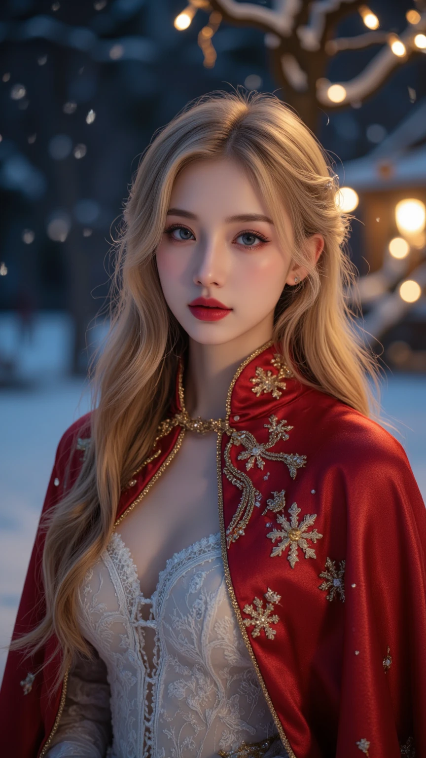 Beautiful Snow Queen (beautiful eyes, beautiful red lips, white skin, long golden hair), wearing red cape with white hair, cape with fine and beautiful gold thread embroidery with snowflake pattern, shiny cape, innocent smile, snowy night, Christmas lights, (light blur: 1.3), close-up face, masterpiece, high quality, high image quality, 8k, 16k, details
