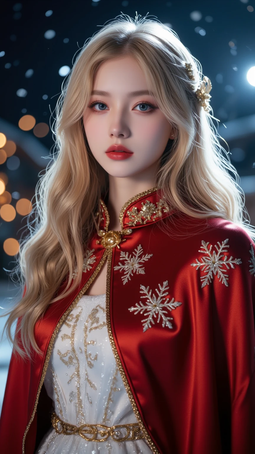 Beautiful Snow Queen (beautiful eyes, beautiful red lips, white skin, long golden hair), wearing red cape with white hair, cape with fine and beautiful gold thread embroidery with snowflake pattern, shiny cape, innocent smile, snowy night, Christmas lights, (light blur: 1.3), close-up face, masterpiece, high quality, high image quality, 8k, 16k, details