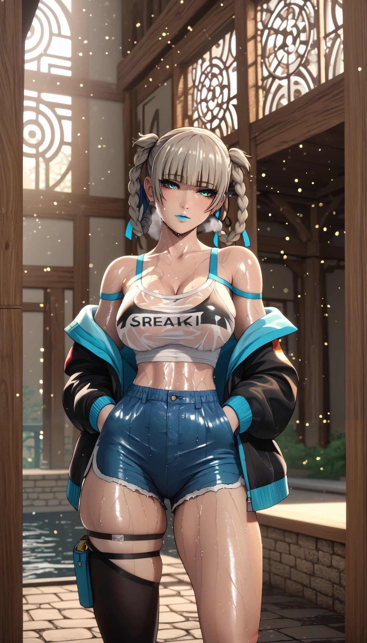  score_9, score_8_up, score_7_up, score_6_up, uncensored, Kirari, braid, makeup, twin braids, blunt bangs, aqua nails, aqua eyes, blue lips, hair ribbon, grey hair, nail polish, anime coloring, anime screencap, shiny skin, (voluptuous:1.3), (thick:1.3), BREAK UHD, retina, masterpiece, accurate, anatomically correct, textured skin, super detail, high details, high quality, award winning, best quality, highres, 4K, black nails, makeup, eyelashes, excessive sweating, sweating, sweating drop, (gasping, heavy breathing:1.3), (skindentation:1.2), perfect eyes, beautiful eyes, eyelashes, makeup, detailed body, perfect body, BREAK, 1girl, shorts, jacket, ribbon, cleavage, solo, looking_at_viewer, large_breasts, wet, off_shoulder, bare_shoulders, navel, wet_clothes, short_shorts, thigh_strap, open_clothes, hands_in_pockets, midriff, black_shorts, standing, open_jacket, collarbone, outdoors, clothes_writing, (bokeh:1.3), backlighting, 