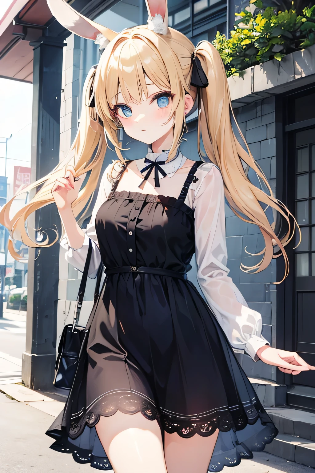 ((super masterpiece))、blonde、blue eyes、girl、Small breasts、Twin tails、girl、Small breasts、Lolita、Bright smile、Looks about 15 years old、Petan Musume、short、目のhighlight、Sexy thighs、Walking Outside、Very cute ribbon、blue sky、(Real Detail:1.5)、(( Fine Eyes, Beautiful Eyes, Perfect Eyes,Curl your eyelashes, Realistic eyes))、Your eyes are so beautiful、highlight