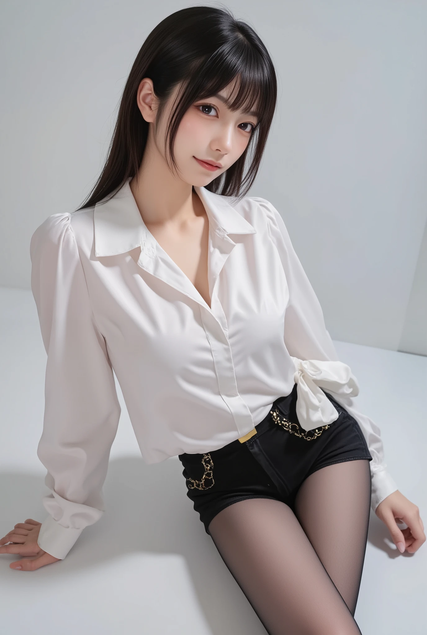 Extremely Detailed CG Unity 8K Wallpaper、 best quality 、 more details、masterpiece、 realistic、Photo realistic、 full body shot、An elegant, neat, and fashionable idol appears for a photo shoot, Skirt and thighs、 perfect and super realistic pantyhose、Skirt and pantyhose ,, with my whole body in front, sophisticated gravure idol , seductive smile 、 Japanese Goddesses , Japanese Models, with my whole body in front, young cute gravure idol , Young Sensual Gravure Idol , High-quality silk blouse, wearing a blouse , realistic young gravure idol , boobs、 Realistic Skin Texture 、 shiny skin、 Bare thighs !!!