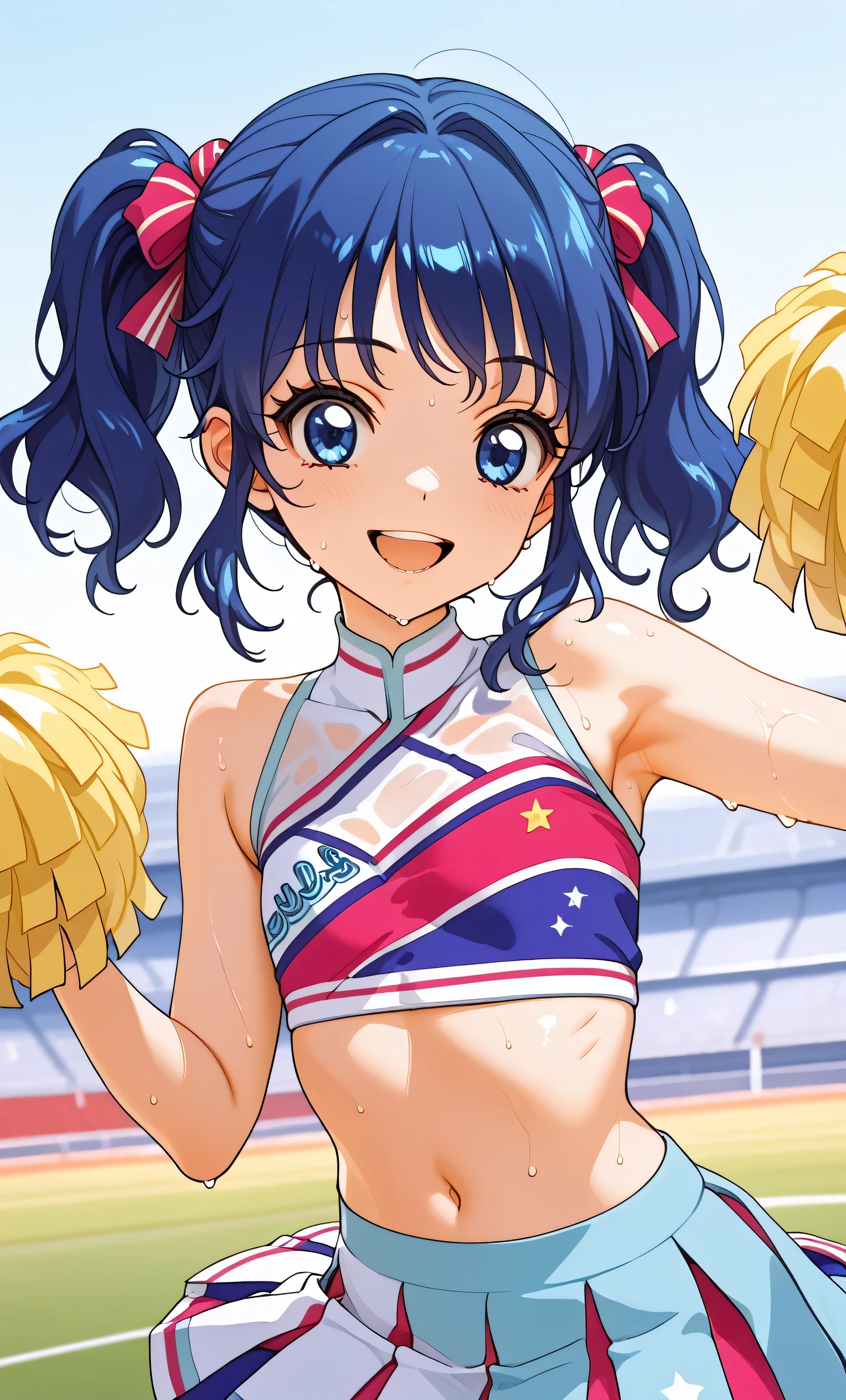 (Masterpiece, Top Quality, Super High Resolution), A Japanese Woman, (((Very Beautiful *********** Girl))), Cute Girl, Look at the Photographer, (()), very cute face, glossy lips, double eyelids, natural smile, natural makeup, long eyelashes, shiny and smooth hair, perfect limbs, perfect anatomy, (((shiny chia Leader uniform, cheerleader, cheerleader, tube top)))) Stadium,, wet with sweat, (((tube top)))((((open mouth smile, teeth)))),, Aoi Kiriya, 1 girl, 18 years old, blue hair, blue eyes, side ponytail