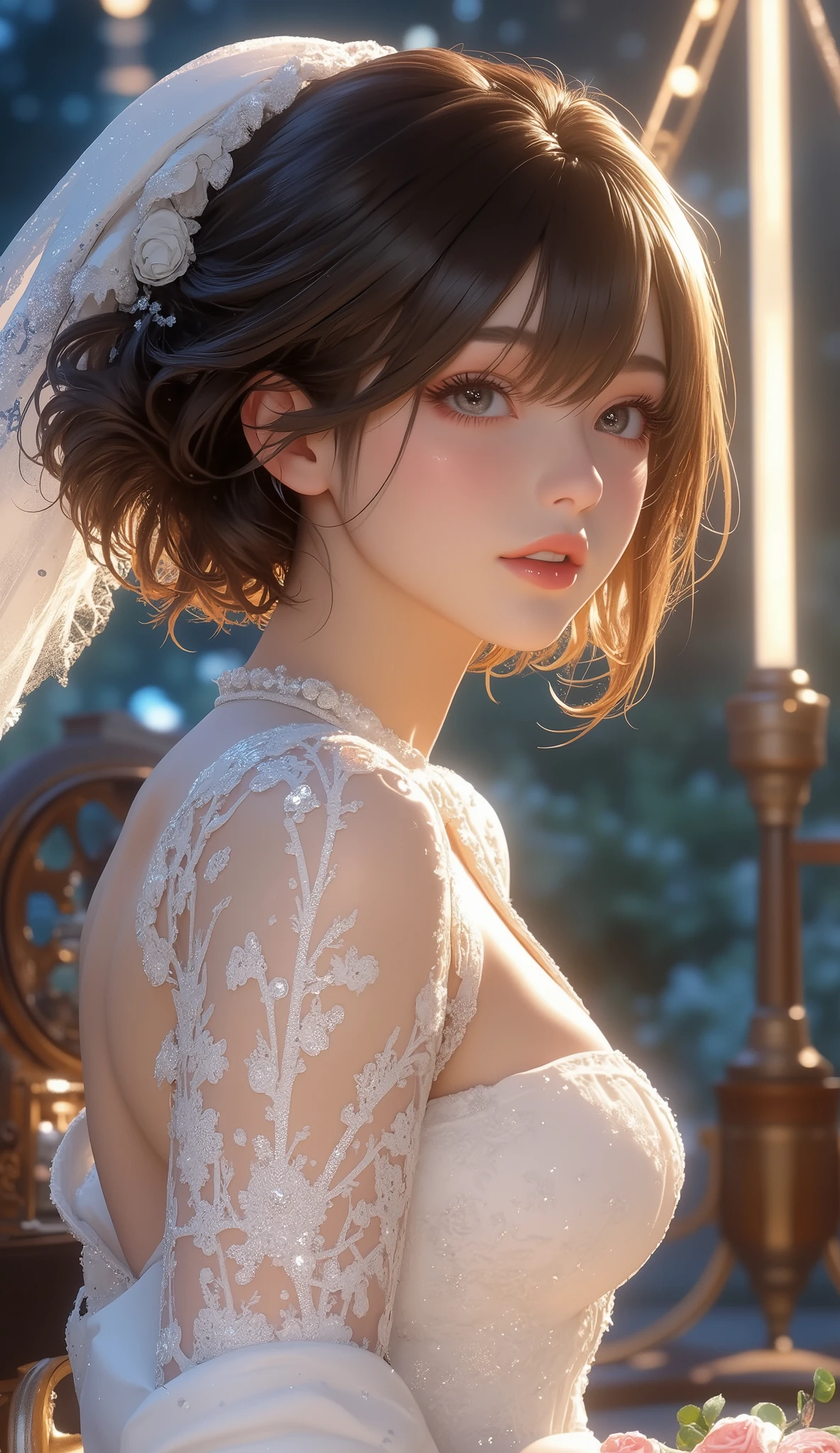best quality , Super quality, 16k, Unbelievably Absurd, very detailed, 2.5D, delicate and dynamic, Kiri Reina female, seductive smile, (big breasts:1.2), (Uplifted and well-defined bust:1.2), (lifted chest:1.2), (perky breasts :1.2),(deep cleavage:1.4), pure white wedding dress , great style , bouquet, steampunk, DIESEL PUNK , clock punk , cyberpunk, Glitter effect