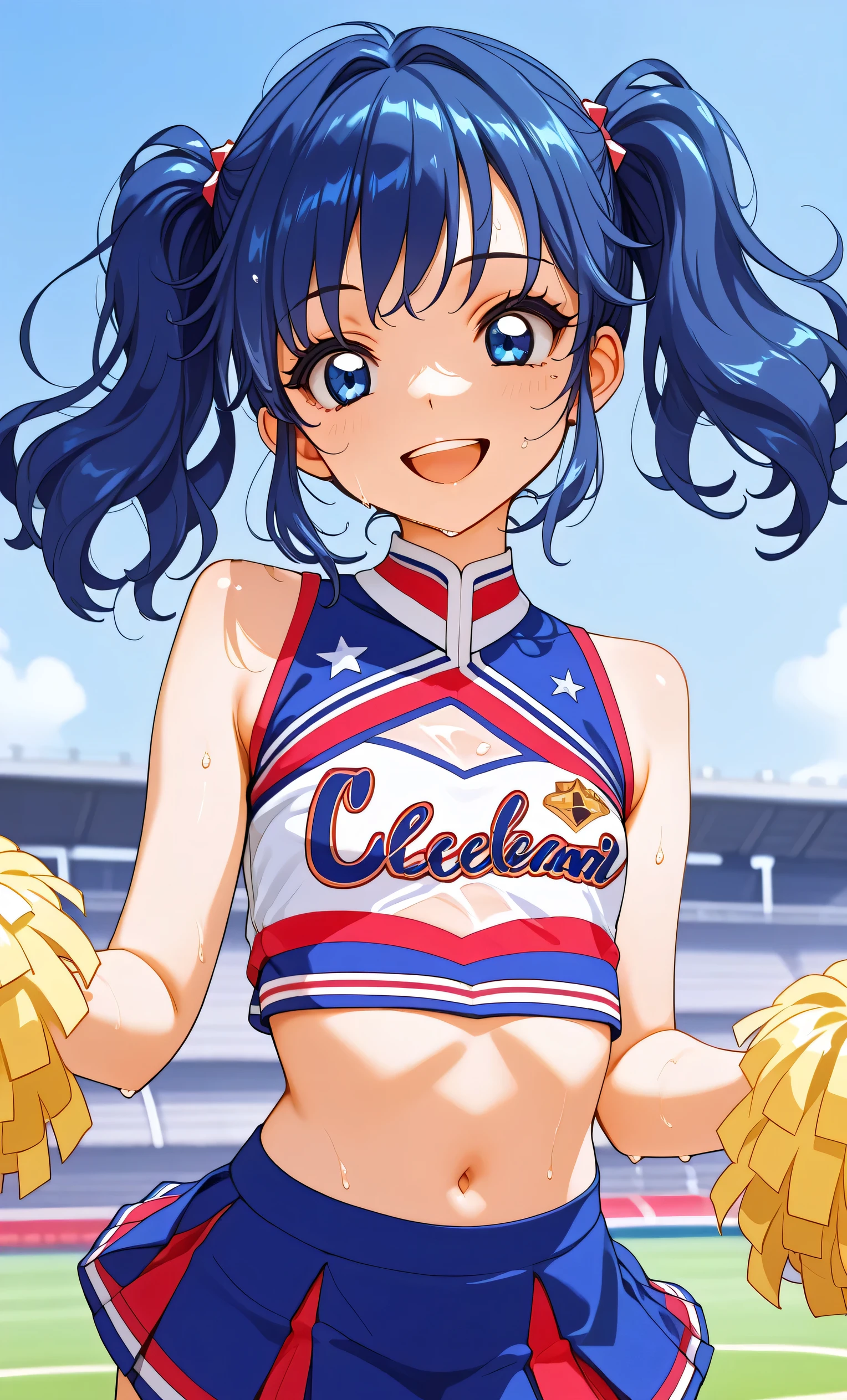(Masterpiece, Top Quality, Super High Resolution), A Japanese Woman, (((Very Beautiful *********** Girl))), Cute Girl, Look at the Photographer, (()), very cute face, glossy lips, double eyelids, natural smile, natural makeup, long eyelashes, shiny and smooth hair, perfect limbs, perfect anatomy, (((shiny chia Leader uniform, cheerleader, cheerleader, tube top)))) Stadium,, wet with sweat, (((tube top)))((((open mouth smile, teeth)))),, Aoi Kiriya, 1 girl, 18 years old, blue hair, blue eyes, side ponytail