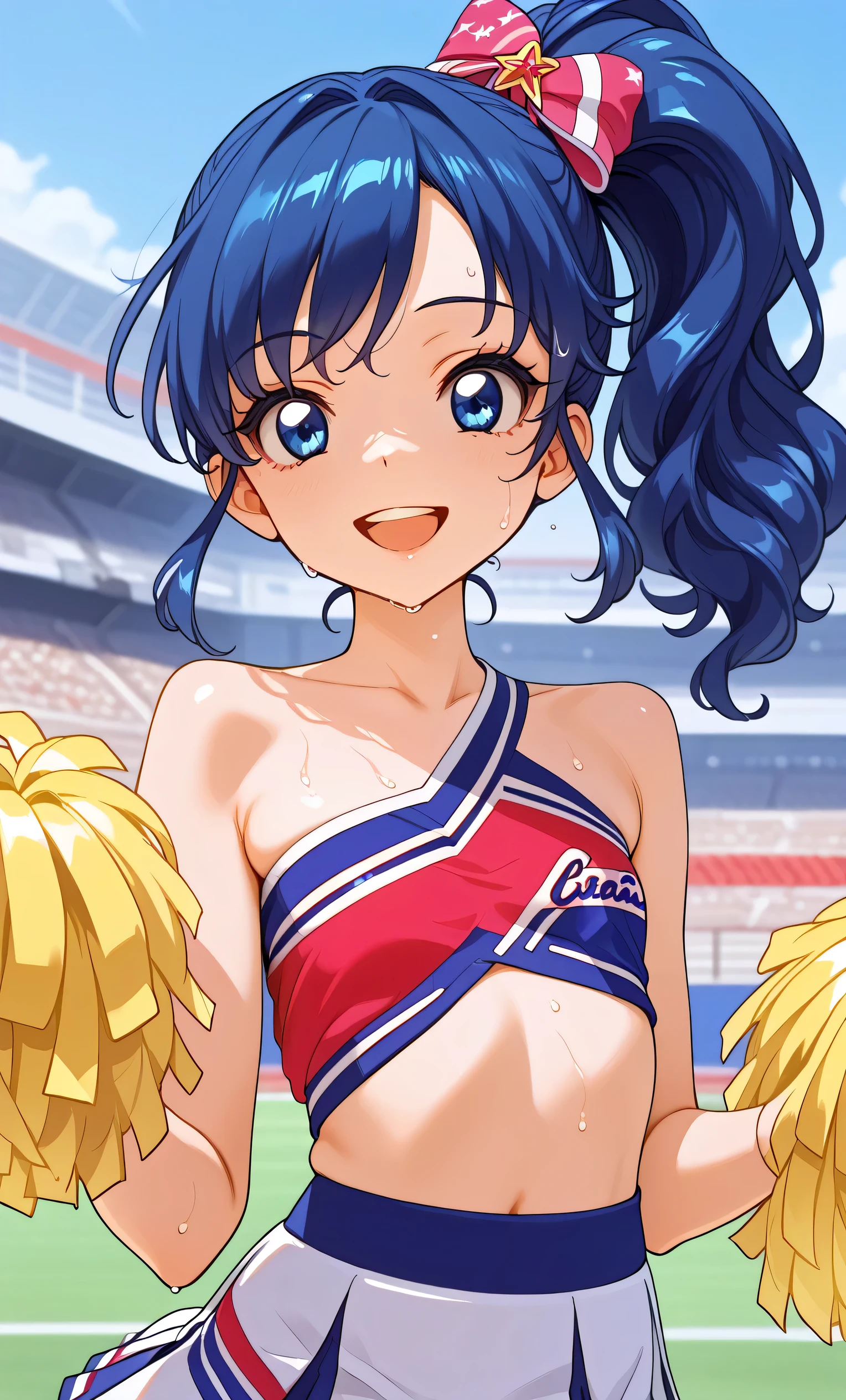 (Masterpiece, Top Quality, Super High Resolution), A Japanese Woman, (((Very Beautiful *********** Girl))), Cute Girl, Look at the Photographer, (()), very cute face, glossy lips, double eyelids, natural smile, natural makeup, long eyelashes, shiny and smooth hair, perfect limbs, perfect anatomy, (((shiny chia Leader uniform, cheerleader, cheerleader, tube top)))) Stadium,, wet with sweat, (((tube top)))((((open mouth smile, teeth)))),, Aoi Kiriya, 1 girl, 18 years old, blue hair, blue eyes, side ponytail