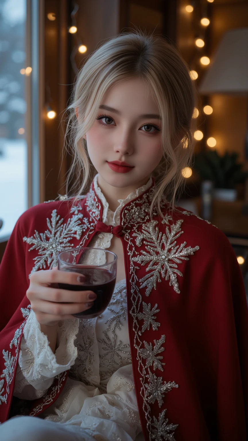Beautiful woman (beautiful eyes, beautiful red lips, white skin, long golden hair), wearing red cape with white hair, cape with fine and beautiful silver embroidery with snowflake pattern, sparkling cape, innocent smile, drinking hot wine, snowy night, Christmas lights in lodge of mountain cabin, (light blur : 1.3), close-up face, masterpiece, high quality, high quality, 8k, 16k, details