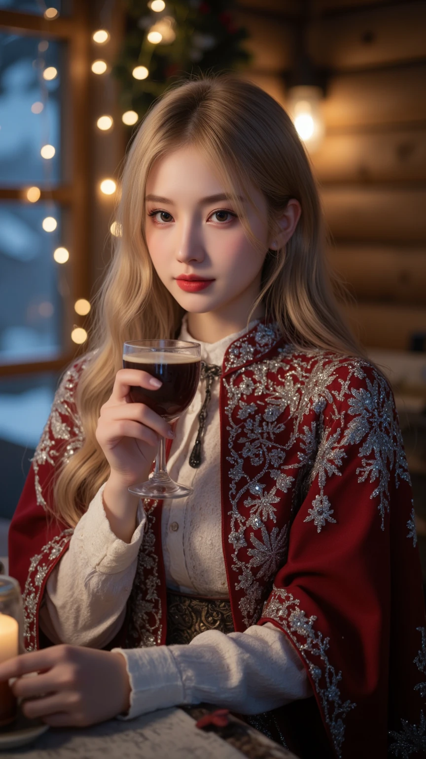 Beautiful woman (beautiful eyes, beautiful red lips, white skin, long golden hair), wearing red cape with white hair, cape with fine and beautiful silver embroidery with snowflake pattern, sparkling cape, innocent smile, drinking hot wine, snowy night, Christmas lights in lodge of mountain cabin, (light blur : 1.3), close-up face, masterpiece, high quality, high quality, 8k, 16k, details