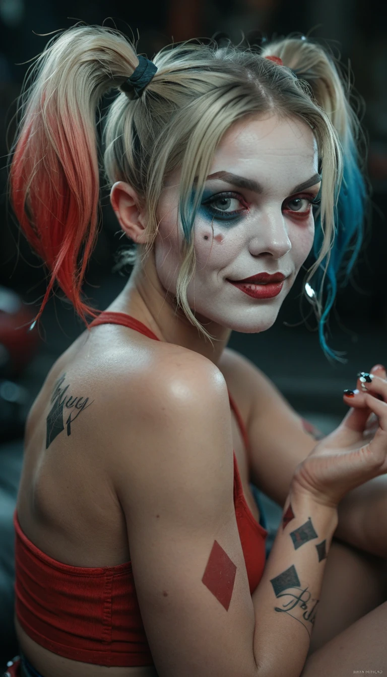 (masterpiece, best quality), Harley Quinn, beautiful woman, on all fours, becoming werehyena, pigtails, furry tail, sharp teeth, clawed hands, beautiful face, perfect face, big gorgeous eyes, parted lips, perfect slim fit body, forest, full moon, bright colors