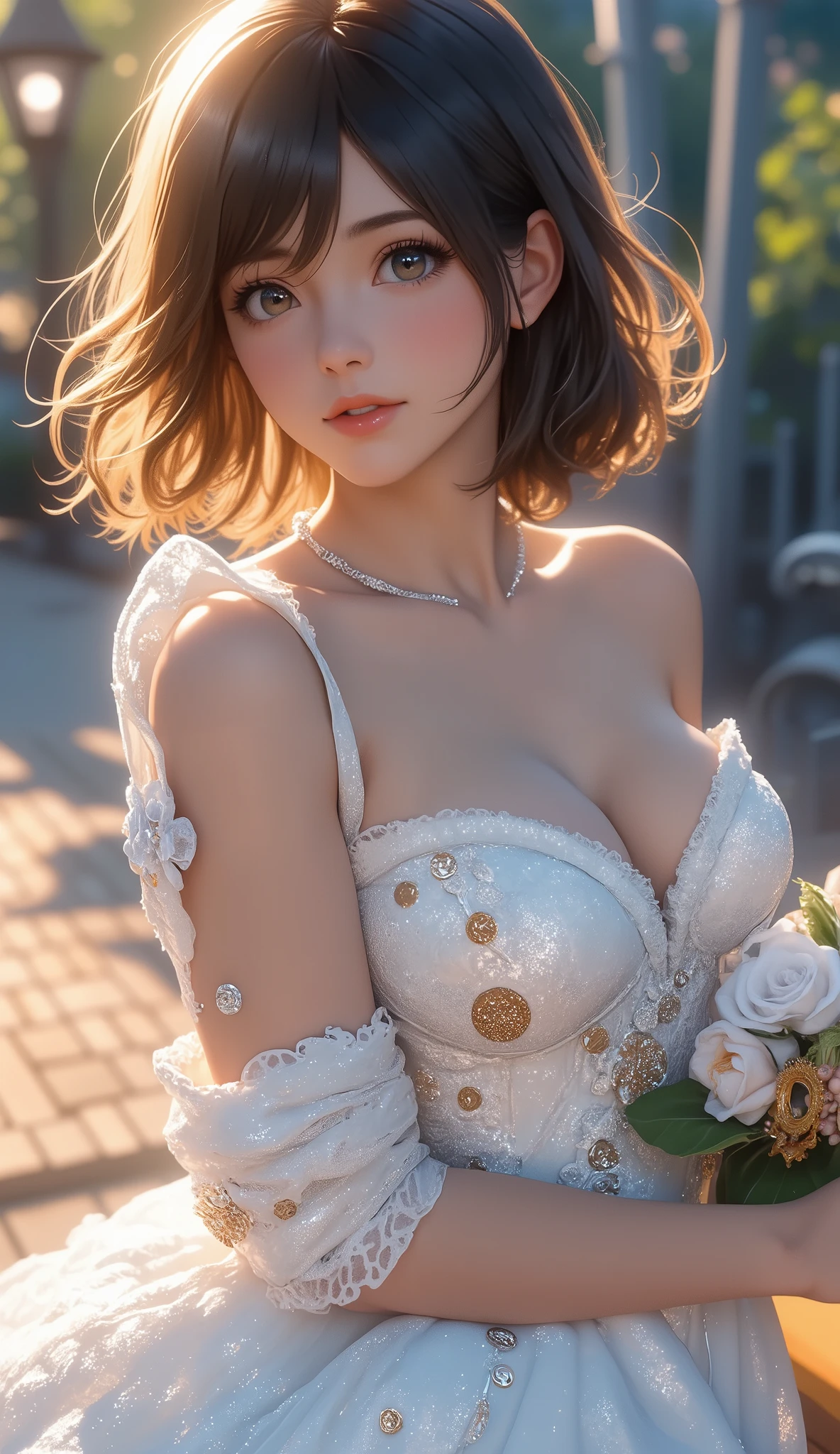 best quality , Super quality, 16k, Unbelievably Absurd, very detailed, 2.5D, delicate and dynamic, Kiri Reina female, seductive smile, (big breasts:1.2), (Uplifted and well-defined bust:1.2), (lifted chest:1.2), (perky breasts :1.2),(deep cleavage:1.4), pure white wedding dress , great style , bouquet, steampunk, DIESEL PUNK , clock punk , cyberpunk, Glitter effect