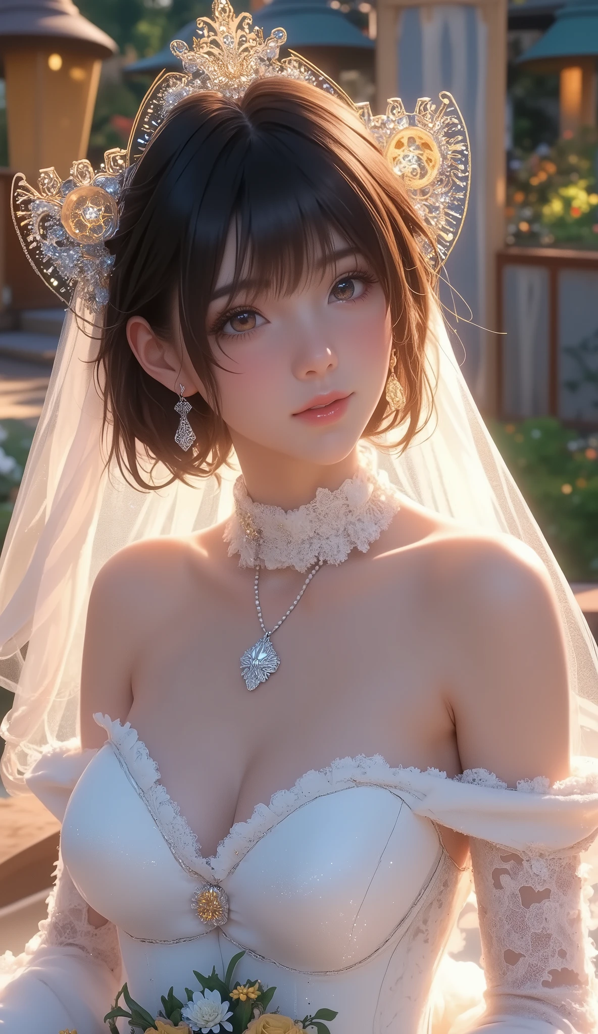best quality , Super quality, 16k, Unbelievably Absurd, very detailed, 2.5D, delicate and dynamic, Kiri Reina female, seductive smile, (big breasts:1.2), (Uplifted and well-defined bust:1.2), (lifted chest:1.2), (perky breasts :1.2),(deep cleavage:1.4), pure white wedding dress , great style , bouquet, steampunk, DIESEL PUNK , clock punk , cyberpunk, Glitter effect