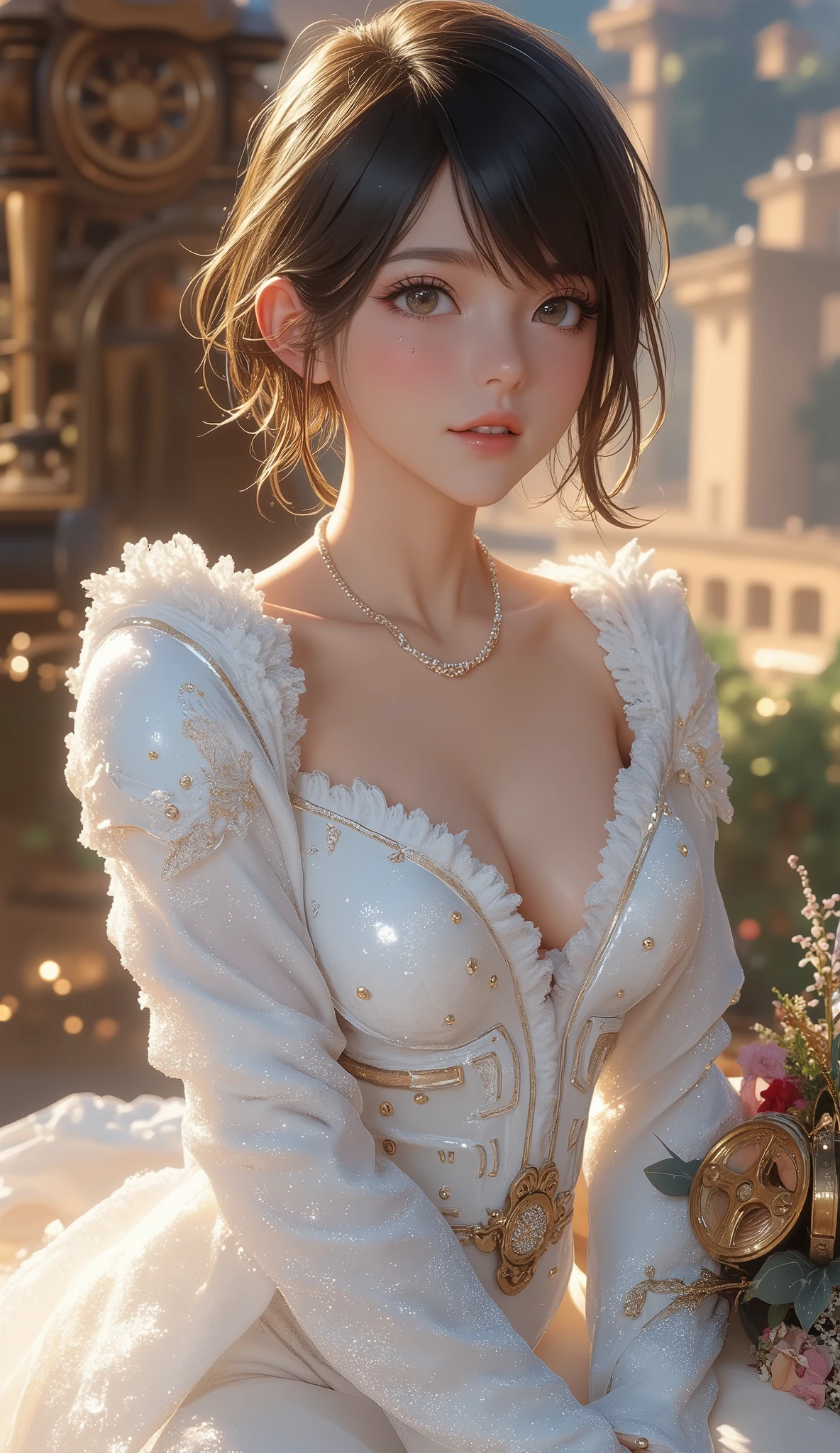  best quality , Super quality, 16k,  Unbelievably Absurd,  very detailed, 2.5D,  delicate and dynamic,  Kiri Reina female,  seductive smile, (big breasts:1.2), (Uplifted and well-defined bust:1.2), (lifted chest:1.2), (perky breasts :1.2),(deep cleavage:1.4),  pure white wedding dress ,  great style , bouquet,  steampunk,  DIESEL PUNK ,  clock punk ,  cyberpunk, Glitter effect

