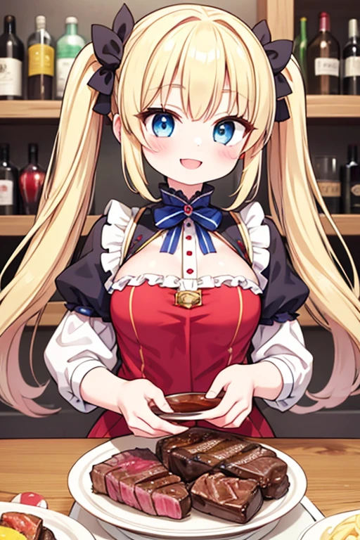 Sweet,Adorable, cheerful big breasts, pigtails, Lively, Baby face,1 Head-to-body ratio, holding wine bottle,The background is inside the tavern
