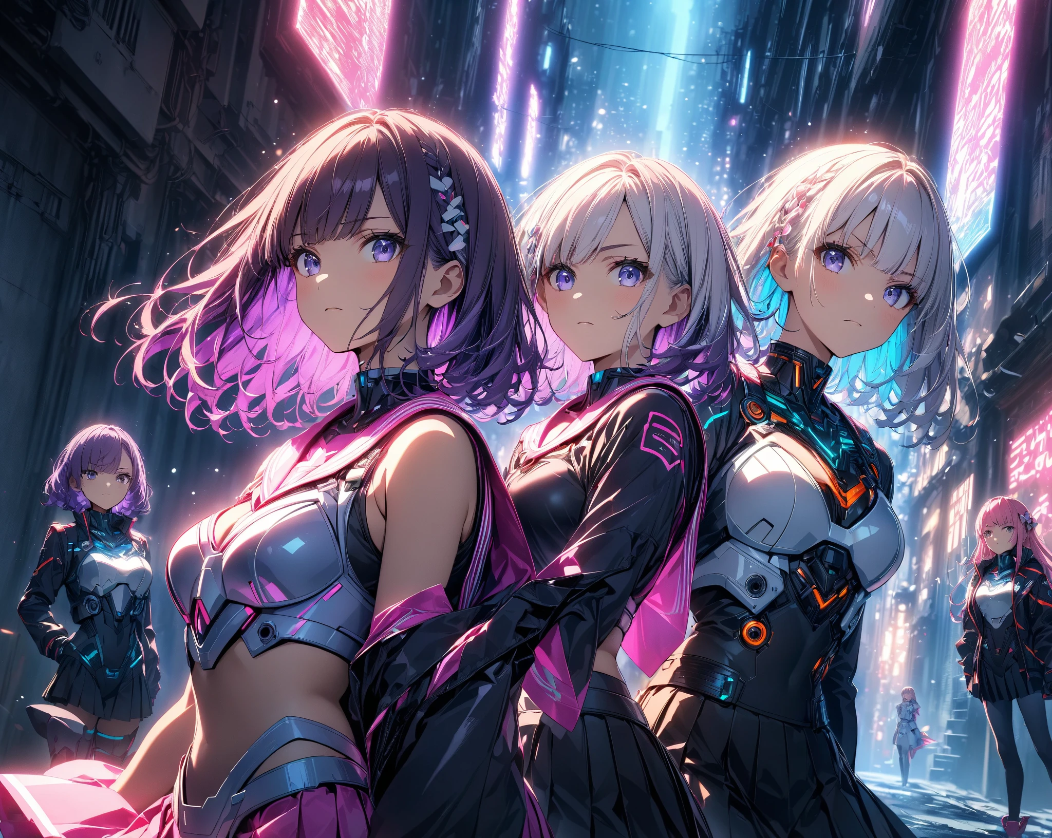 (front focus、perfect anatomy:1.5)、(Super detailed、16K quality、genuine skin: 1.6)、hyper genuineist、genuine.cinematic lighting、portrait、cyberpunk world、highly detailed face、(3girls:1.8)(beautiful japanese girl、smile:1.3)medium straight brown hair、pink hair、blonde、eyeliner、red lips.break、(Glitter cyber robot idol costume、mini skirt、pink tech armor with speaker:1.2)(cleavage、Thigh exposure、Hands and feet are machines:1.5)(Hold the microphone and sing:1.6)BREAK、cyber idol trio(idol pose、raise your hands up:1.6)(Stylish and stylish rooftop late at night)portrait、(A photography drone is flying high in the sky:1.5)