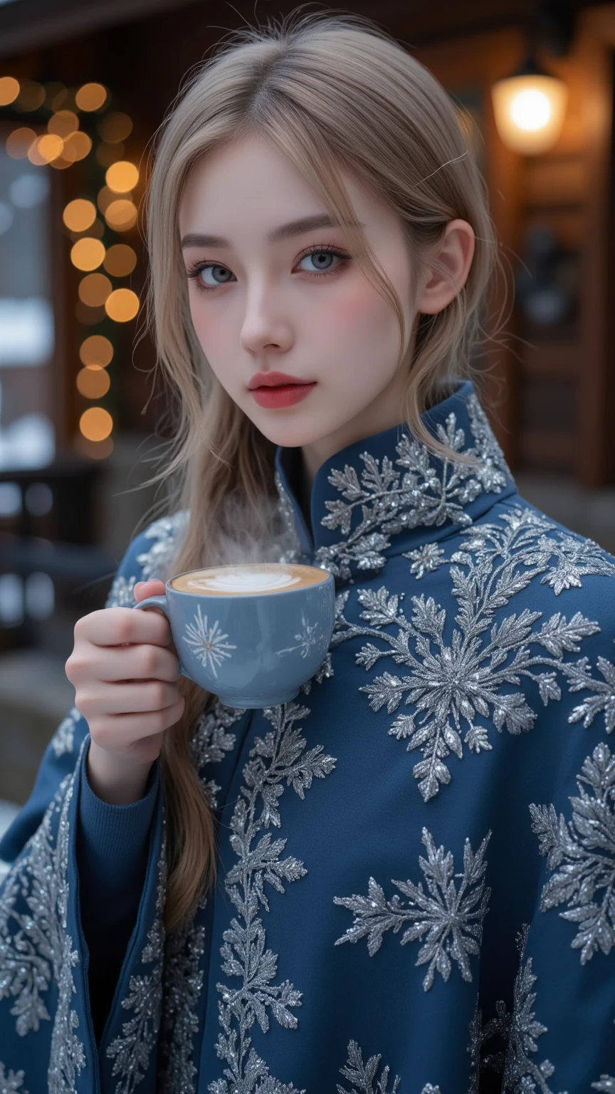 Beautiful woman (beautiful eyes, beautiful red lips, white skin, long golden hair), wearing blue cape with white hair, cape with fine and beautiful silver embroidery with snowflake pattern, sparkling cape, innocent smile, drinking hot cafe latte, snowy night, Christmas lights in lodge of mountain cabin, (light Bokeh: 1.3), close-up face, masterpiece, high quality, high quality, 8k, 16k, details