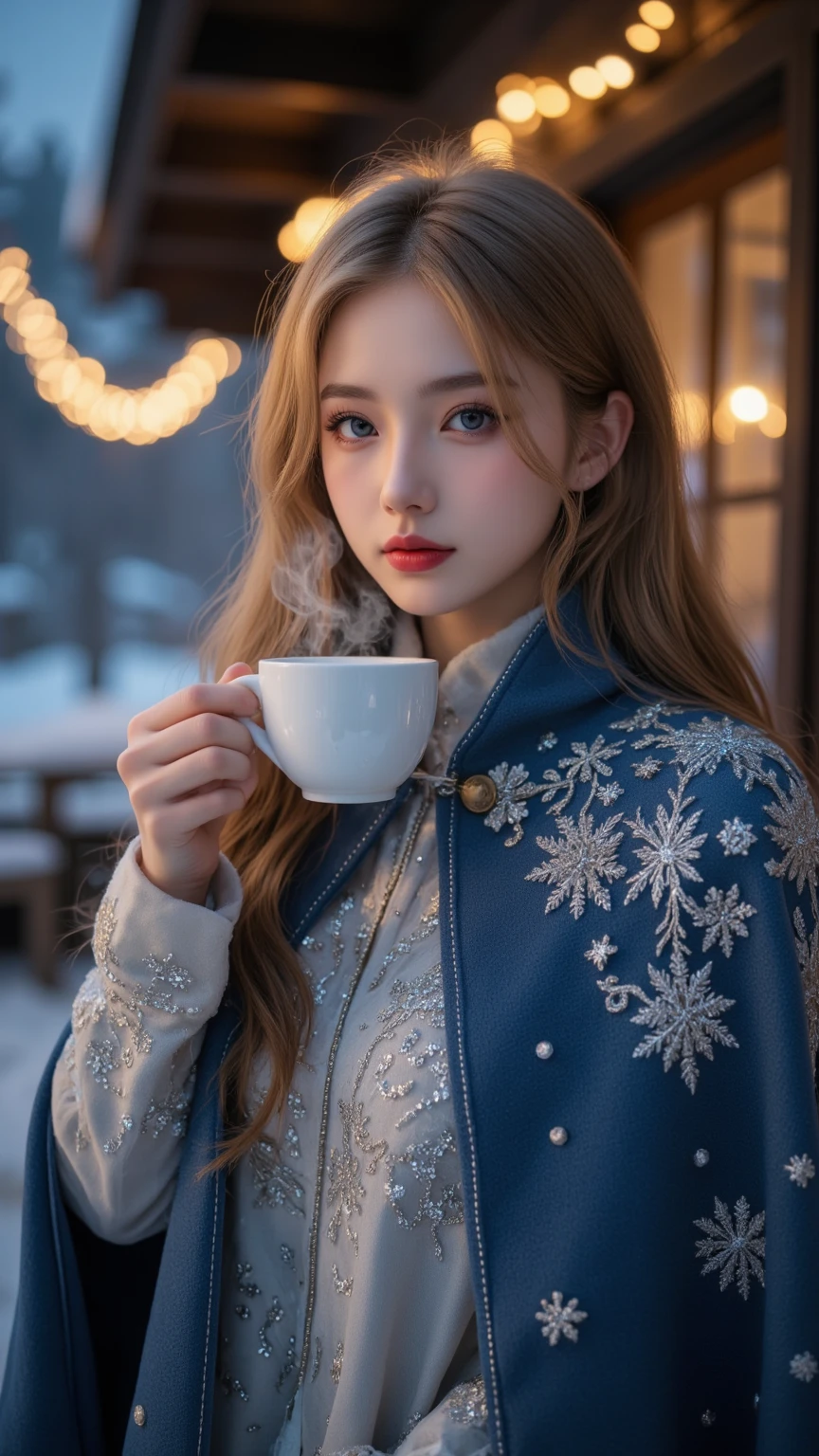 Beautiful woman (beautiful eyes, beautiful red lips, white skin, long golden hair), wearing blue cape with white hair, cape with fine and beautiful silver embroidery with snowflake pattern, sparkling cape, innocent smile, drinking hot cafe latte, snowy night, Christmas lights in lodge of mountain cabin, (light Bokeh: 1.3), close-up face, masterpiece, high quality, high quality, 8k, 16k, details