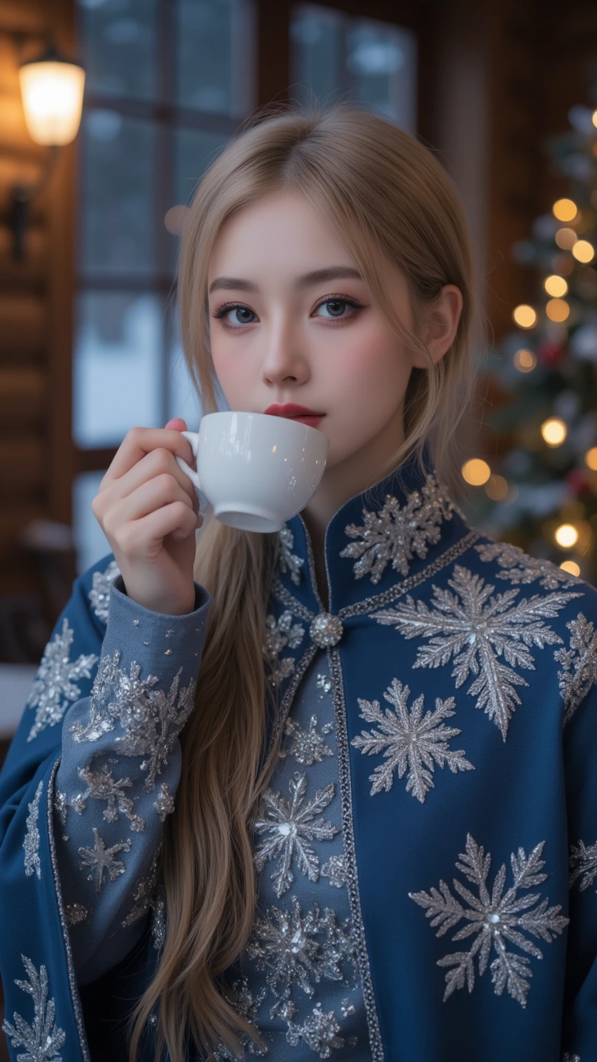Beautiful woman (beautiful eyes, beautiful red lips, white skin, long golden hair), wearing blue cape with white hair, cape with fine and beautiful silver embroidery with snowflake pattern, sparkling cape, innocent smile, drinking hot cafe latte, snowy night, Christmas lights in lodge of mountain cabin, (light Bokeh: 1.3), close-up face, masterpiece, high quality, high quality, 8k, 16k, details
