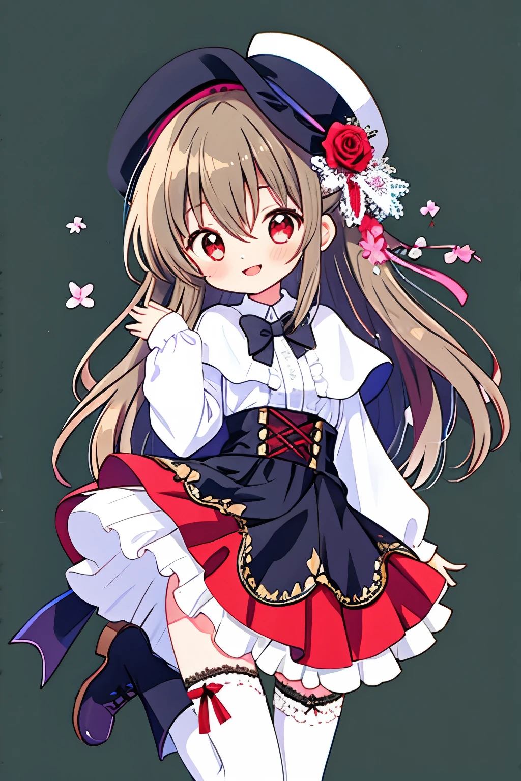 (Masterpiece),( best quality ),( Ultra Details),( best illustration ),( Best Shadow),( detailed background ), 1 girl, Alone, has , garter strap , thigh-high socks , top- has , has -flower, boots, black headwear , black- thigh-high socks , gray hair, knee- boots, skirt , Viewers' Perspective , ((((( Simple Background ))))), Between Fingers , ( Red Eyes in the Shadow of a Pillar), Red Flower, black shoes , hand on head , wide sleeve, Long Sleeve, pleated- skirt , サイハイソックス-アンダー boots {x} very long hair reminiscent of a large ribbon, close its mouth , black- skirt , Red Rose , mini skirt , smile, knives- Between Fingers , Cross Legs , bow tie, cross crossed , frills, Adjustable clothes , frill sleeve , absolute domain , hair between eyes , thigh-high socks -under- boots, has -tip, adjustable headwear , white ribbon , lace-up- boots, brown eyes, waist cape , tail comment , Clothing Cut Out , white- bow tie, comments, , floating hair , standing, rock, Puff Sleeve