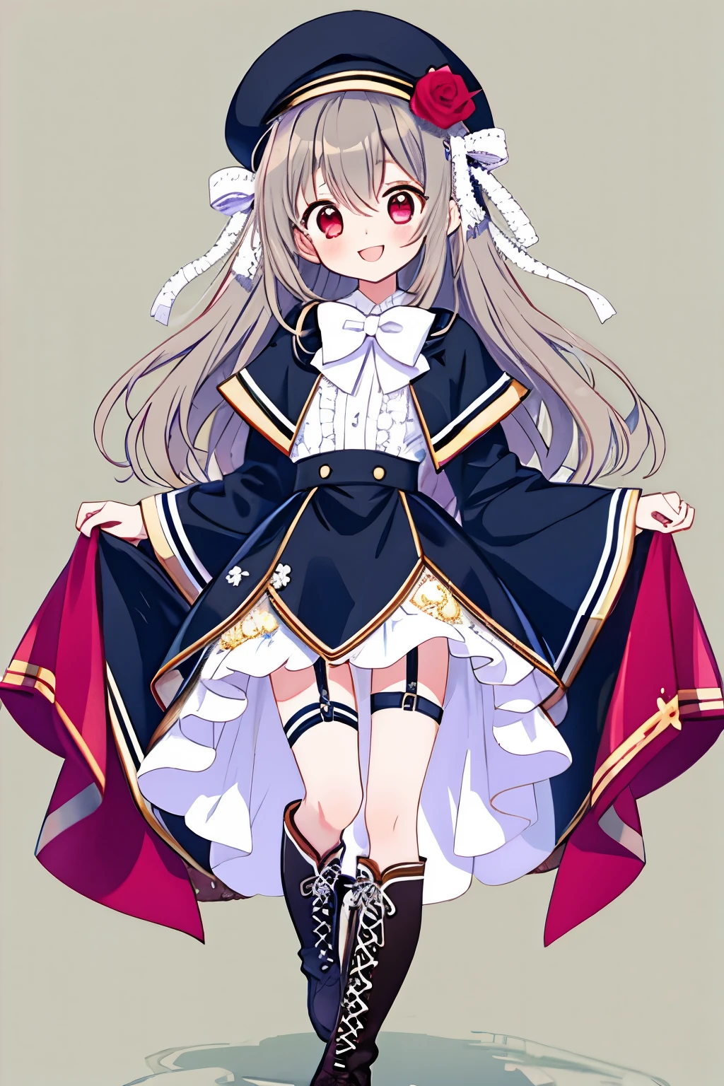 (Masterpiece),( best quality ),( Ultra Details),( best illustration ),( Best Shadow),( detailed background ), 1 girl, Alone, has , garter strap , thigh-high socks , top- has , has -flower, boots, black headwear , black- thigh-high socks , gray hair, knee- boots, skirt , Viewers' Perspective , ((((( Simple Background ))))), Between Fingers , ( Red Eyes in the Shadow of a Pillar), Red Flower, black shoes , hand on head , wide sleeve, Long Sleeve, pleated- skirt , サイハイソックス-アンダー boots {x} very long hair reminiscent of a large ribbon, close its mouth , black- skirt , Red Rose , mini skirt , smile, knives- Between Fingers , Cross Legs , bow tie, cross crossed , frills, Adjustable clothes , frill sleeve , absolute domain , hair between eyes , thigh-high socks -under- boots, has -tip, adjustable headwear , white ribbon , lace-up- boots, brown eyes, waist cape , tail comment , Clothing Cut Out , white- bow tie, comments, , floating hair , standing, rock, Puff Sleeve
