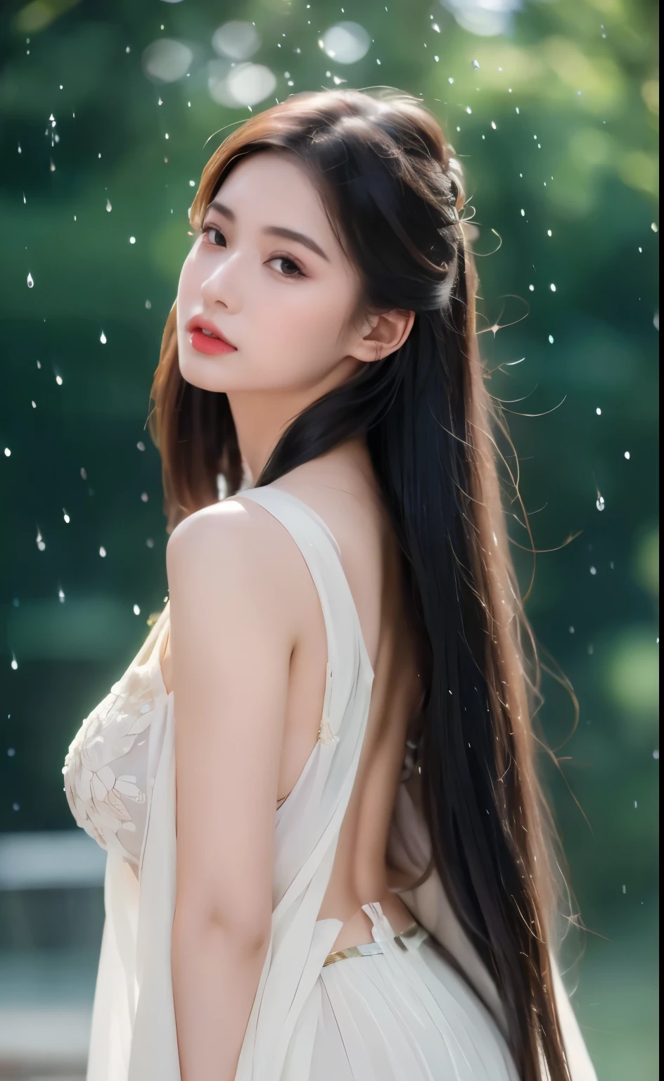 ((Best Quality, 8k, Masterpiece: 1.3)), Focus: 1.2, Perfect Body Beauty: 1.4, Buttocks: 1.2, ((Layered Haircut)), (Wet Clothes: 1.1), (Rain, Street:1.3), (Breasts: 1.2), (Hanfu: 1.2), Bare Shoulders, Bare Legs, Highly Detailed Face and Skin Texture, Fine Eyes, Double Eyelids, Whitened Skin, Long Hair, (Shut Up: 1.5), (Bokeh Background: 1.5), Big Breasts