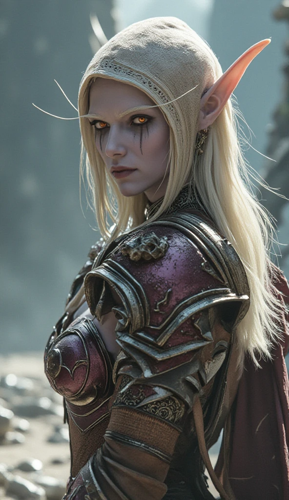 Masterpiece, Best Quality, Official Art, 8k Wallpaper, Very Detailed, Illustration, (orc young queen), dirty skin, Long Hair, Detailed Eyes, sharp fangs, Bare Shoulders, armor, Lake, Pure, Soft Smile, old castle, (deep scar with drops of blood)