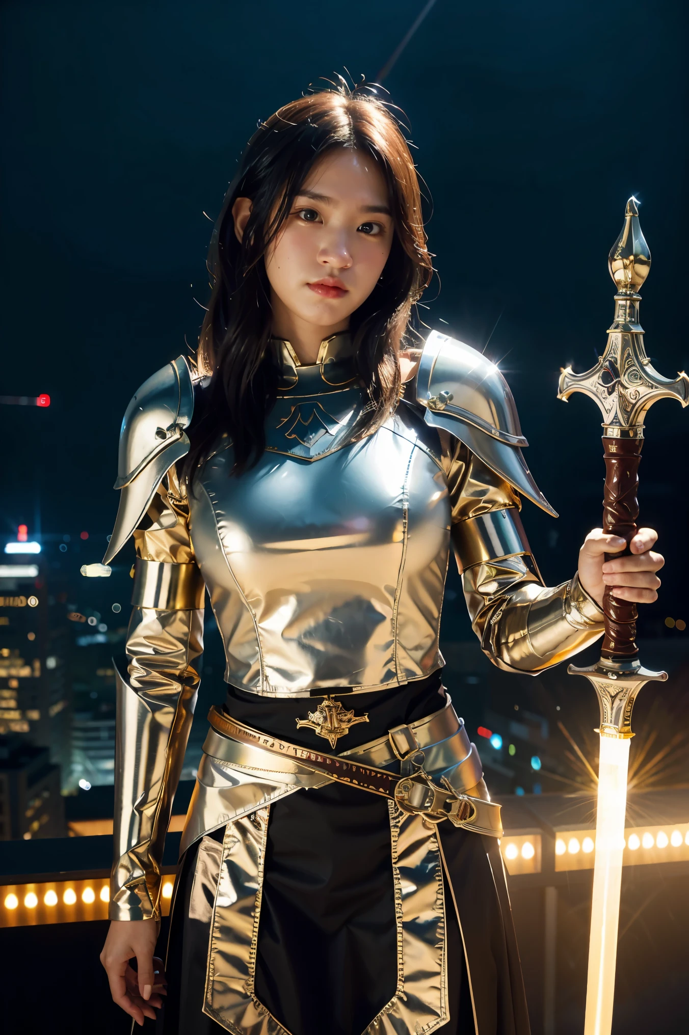 (masterpiece, best quality), A paladin holding a light infused sword, light magic, divine, magewave, silver and gold, 4k, dark cityscape, Fujifilm