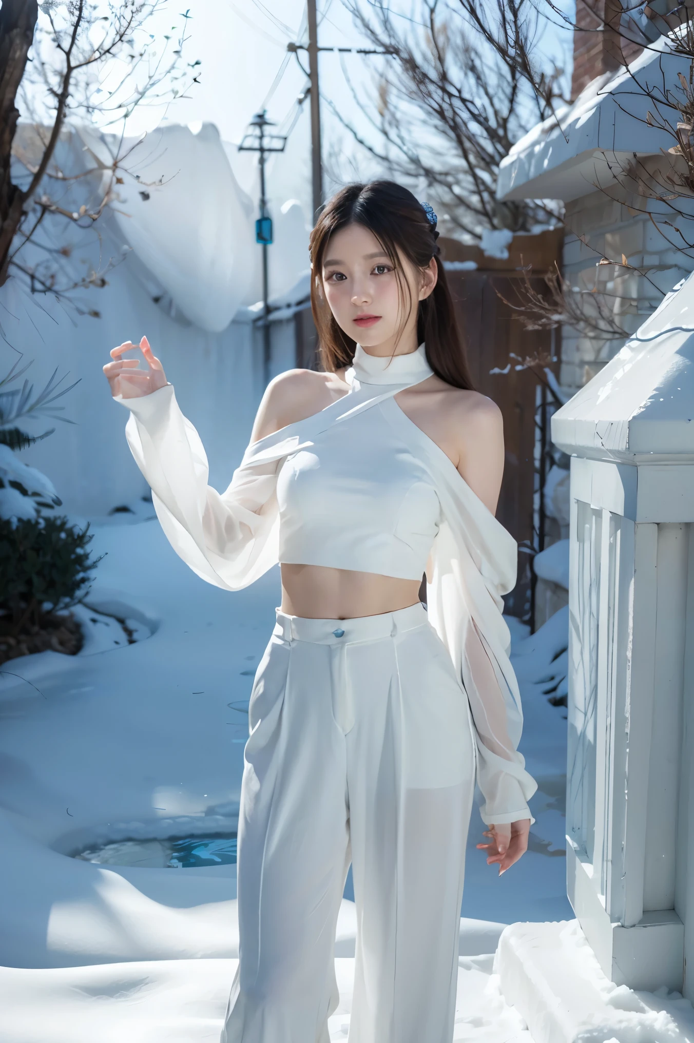 A petite and elegant woman in white suit with a calm, confident demeanor, standing approximately 5'2". She has shoulder-length black hair that flows gently around her face, almond-shaped eyes, and a soft, radiant complexion. She wears a sleek combat outfit ((white suit and trousers)), featuring icy blue and white tones that reflect her mastery of ice magic. Frost patterns adorn her sleeves and boots,Summoning sharp icicles in mid-air with her hands glowing in a frosty aura.