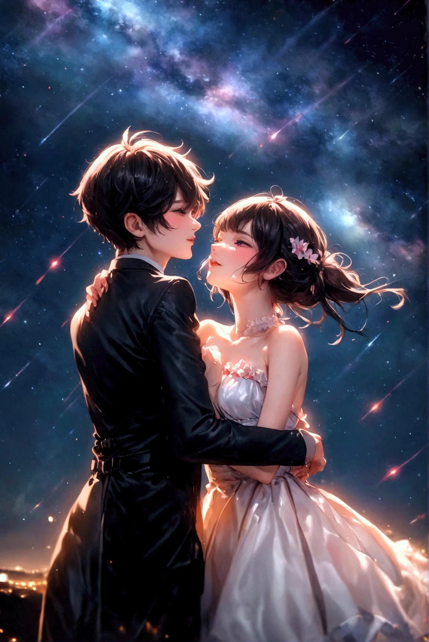 Dream colors,masterpiece,detailed,Starry sky background,cloud,Light and shadow effects,Movie Effects,colorful,Young couple,Full moon night