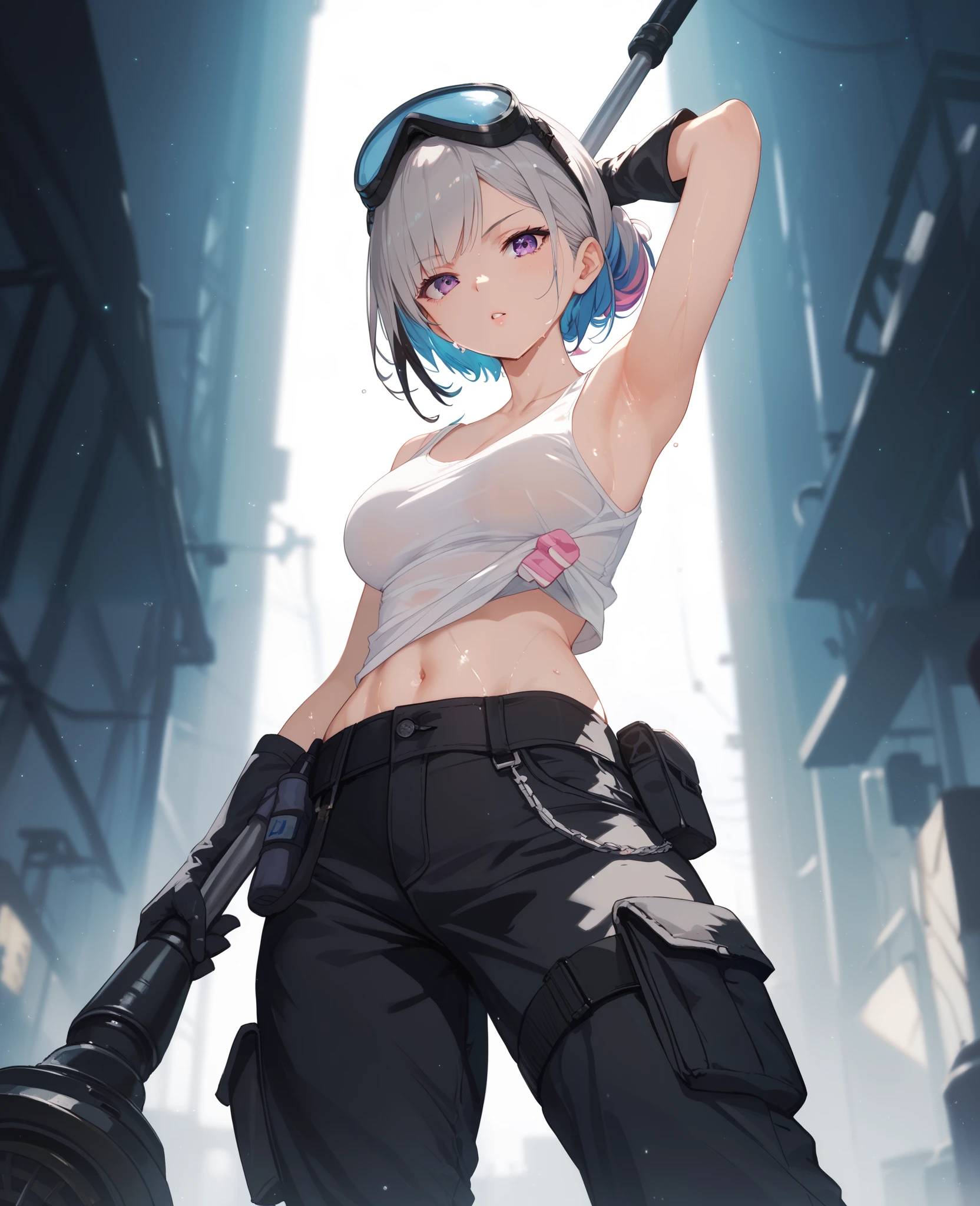 1 girl, Gray Hair, multicolored hair, purple eyes, and put a gas mask on your head, side lighting, light particles , wallpaper, Arm Up, sweaty , white tank top, Black Cargo Pants ,Hold a sledgehammer , Cowboy Shot , hard boots ,hard gloves