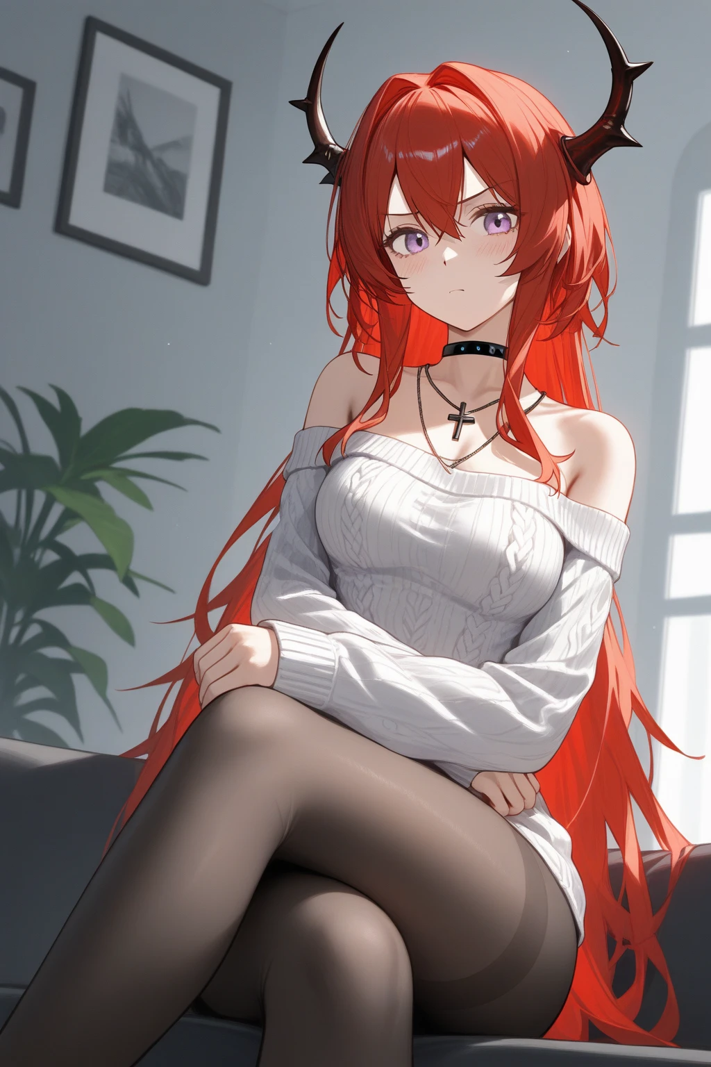 red hair, girl, sitting on couch, long hair, breasts, black pantyhose, red bra, white t shirt, light smile, bra visible through clothes, wink, oversized shirt off-shoulder, crossed legs, red eyes, hair between eyes, seductive smile, sexually suggestive, evil smile, hands on lap, red couch