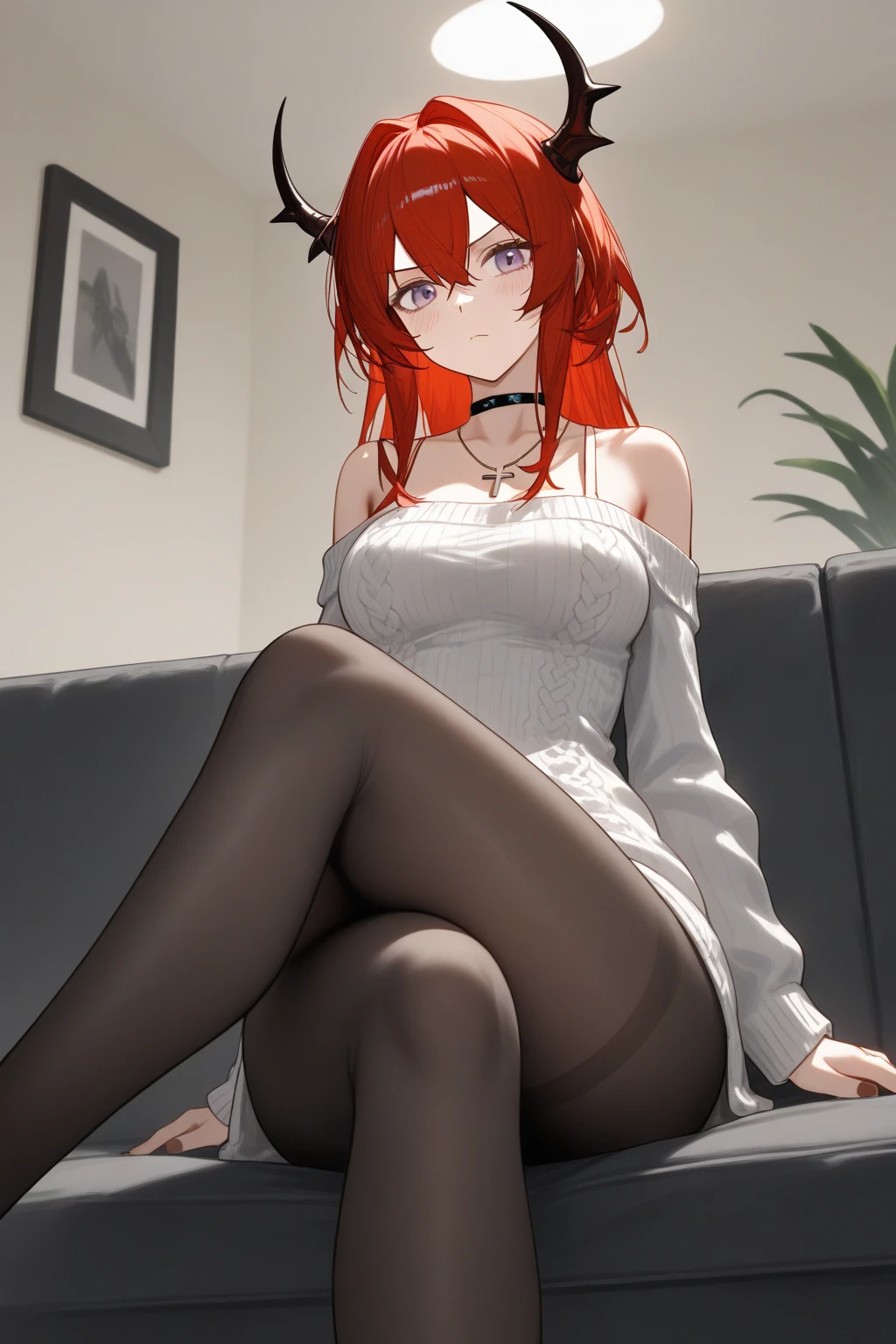 ((masterpiece, Best Quality))), Coupling, solo, 1girl, ((red hair, black hair, multicolored hair)), short hair, white tights, sitting, close-up, photorealism, photorealism, surprised, puzzled, sad,