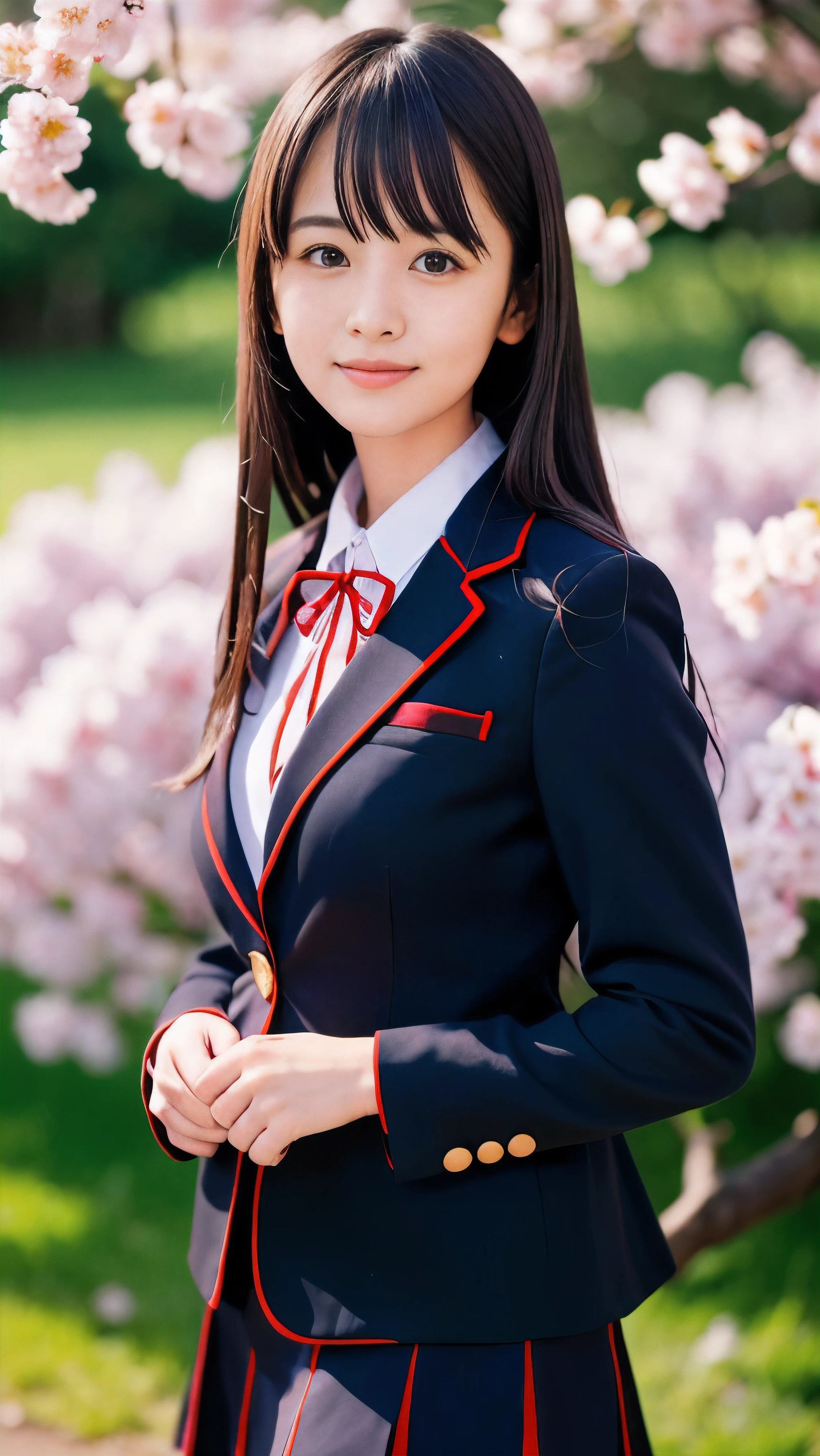 (Portrait of one slender small breasts dark silver long hair with swept bangs girl in a black blazer uniform with a red trimmed collar and black skirt:1.5)、(A girl turn around in the park with small smile:1.5)、(Beautiful blue sky and cherry blossoms in full bloom in Japan:1.5)、(Uniform with a black blazer and a skirt with a red edging collar:1.5)、(blurred background:1.5)、(Natural light:1.5)、(8k ultra detailed master piece:1.5)、(perfect anatomy:1.5)、(Photorealistic stick:1.5)、(Raw photo:1.3)、(highest quality:1.5)、(High resolution:1.3)、(Delicate and beautiful perfect face:1.3)、(Delicate and beautiful eye air skin:1.3)、(Real Human Skin:1.3)、((thin legs))