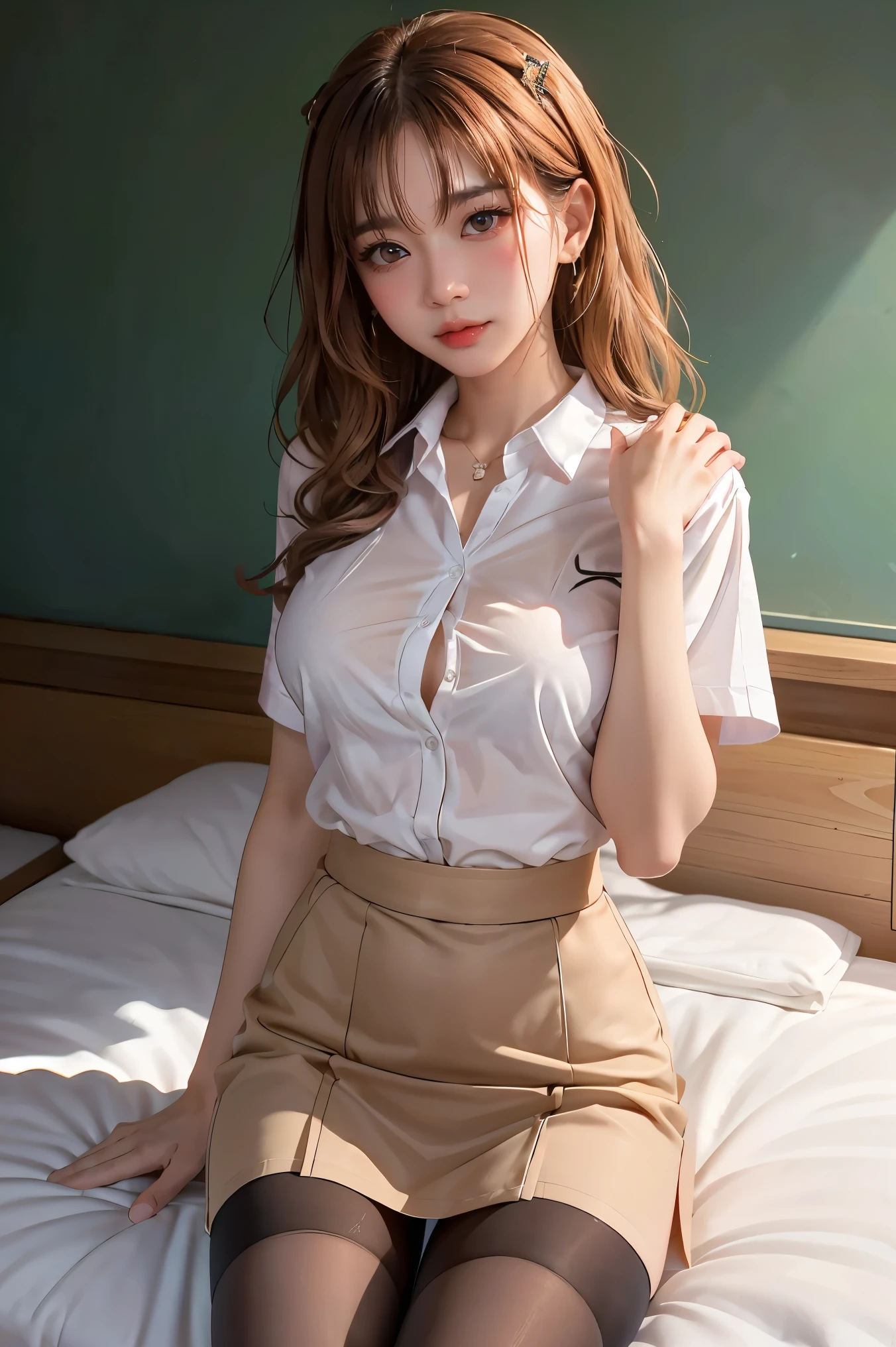 Korean female teacher,Being in a hotel,(Lying on her back in bed:1.5),legs are open,(The legs are lifted by the man and placed on the shoulders:1.5),(Being touched by men:1.3),(Being stroked by a man's crotch)
(((tmasterpiece))), ((best qualtiy)), ((intricately details)), ((ultra-realistic realism)), Ridiculous res, A MILF, Mature woman, ssee-through, highly detailed, illustratio, 1. Mature women, ((Large breasts)), (pink areolae),perfect hand, detailed finger, Beautiful detailed eyes,Wavy curly hair,with brown eye, name badge, vd, (Teacher's Uniform:1.2), Translucent white shirt,Get wet,(The shirt buttons were unbuttoned,no brassiere,The breasts leak all out of the clothes),Black pencil skirt, (Black tights:1.1), Camel toes,耳Nipple Ring, detailedbackground, Bedrooms, perfect eyes, Seductive eye,Cocked buttocks,Reddened face,(weeping:1.2),Confused eyes