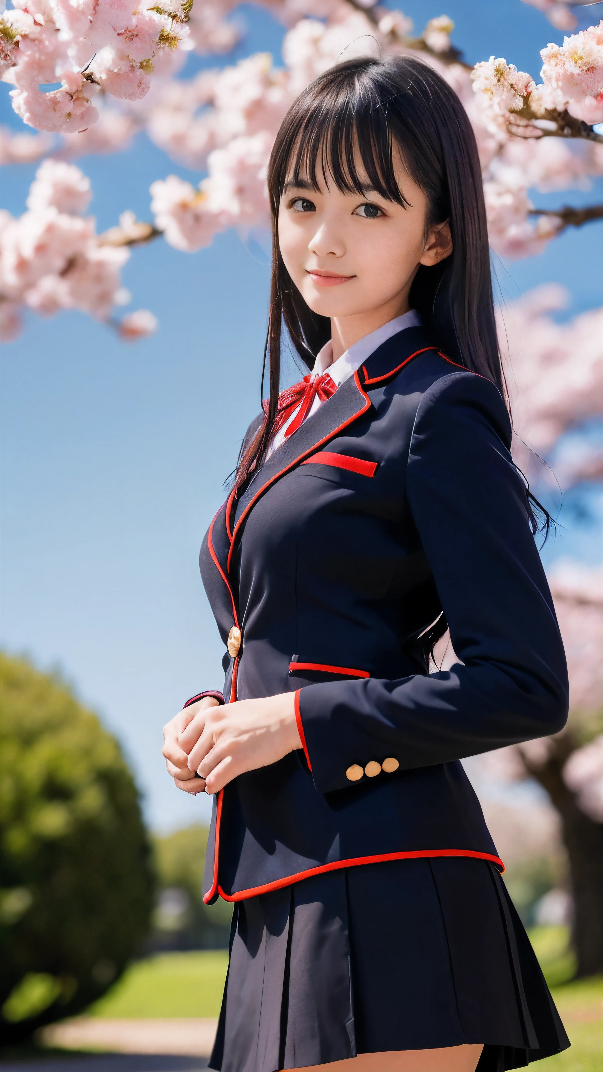(Low angle shot of one slender small breasts dark silver long hair with swept bangs girl in a black blazer uniform with a red trimmed collar and black skirt:1.5)、(A girl turn around in the park with small smile:1.5)、(Beautiful blue sky and cherry blossoms in full bloom in Japan:1.5)、(Uniform with a black blazer and a skirt with a red edging collar:1.5)、(blurred background:1.5)、(Natural light:1.5)、(8k ultra detailed master piece:1.5)、(perfect anatomy:1.5)、(Photorealistic stick:1.5)、(Raw photo:1.3)、(highest quality:1.5)、(High resolution:1.3)、(Delicate and beautiful perfect face:1.3)、(Delicate and beautiful eye air skin:1.3)、(Real Human Skin:1.3)、((thin legs))