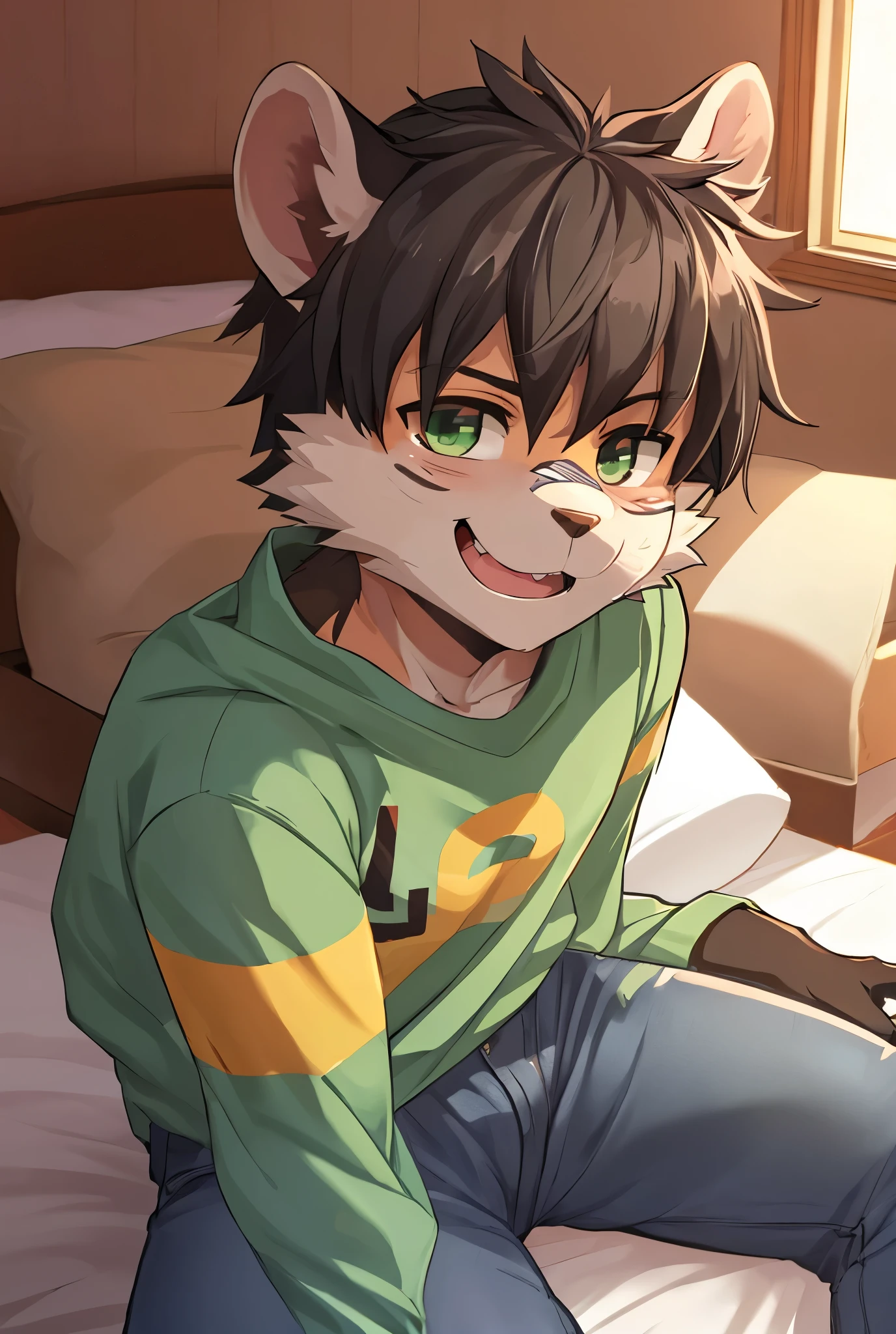 cute furry-human ferret siting on a bed, background is grey-green, furry have black baggy jeans and a grey shirt, he have tatoo on his face its letter H on his jaw. anime furry style