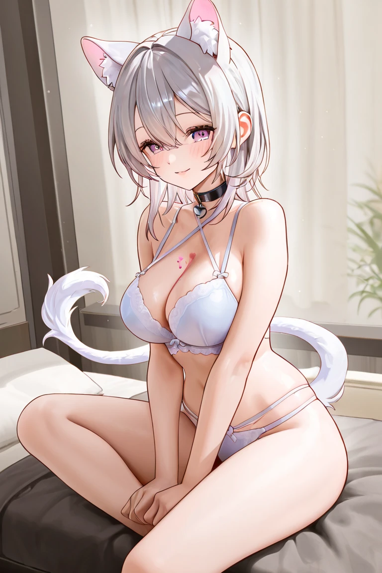 (Best quality, 8k, 32k, Masterpiece, UHD,:1.2),RAW, 1girl,ultra cute , natural lighting,transparent shining eyes, 20yo ,fair complexion, long hair, french braid, flushed face,femur, White hair, cat ear, short hair, ((White bra and panties:1.3)), all fours, From Below, medium breast, Emphasizing the Cleavage, smiling, shy, embarrassed, sexy, lace trim, lace Details, nude, naked, on bed, shiny, wedgie, heart mark, ((cat tail))