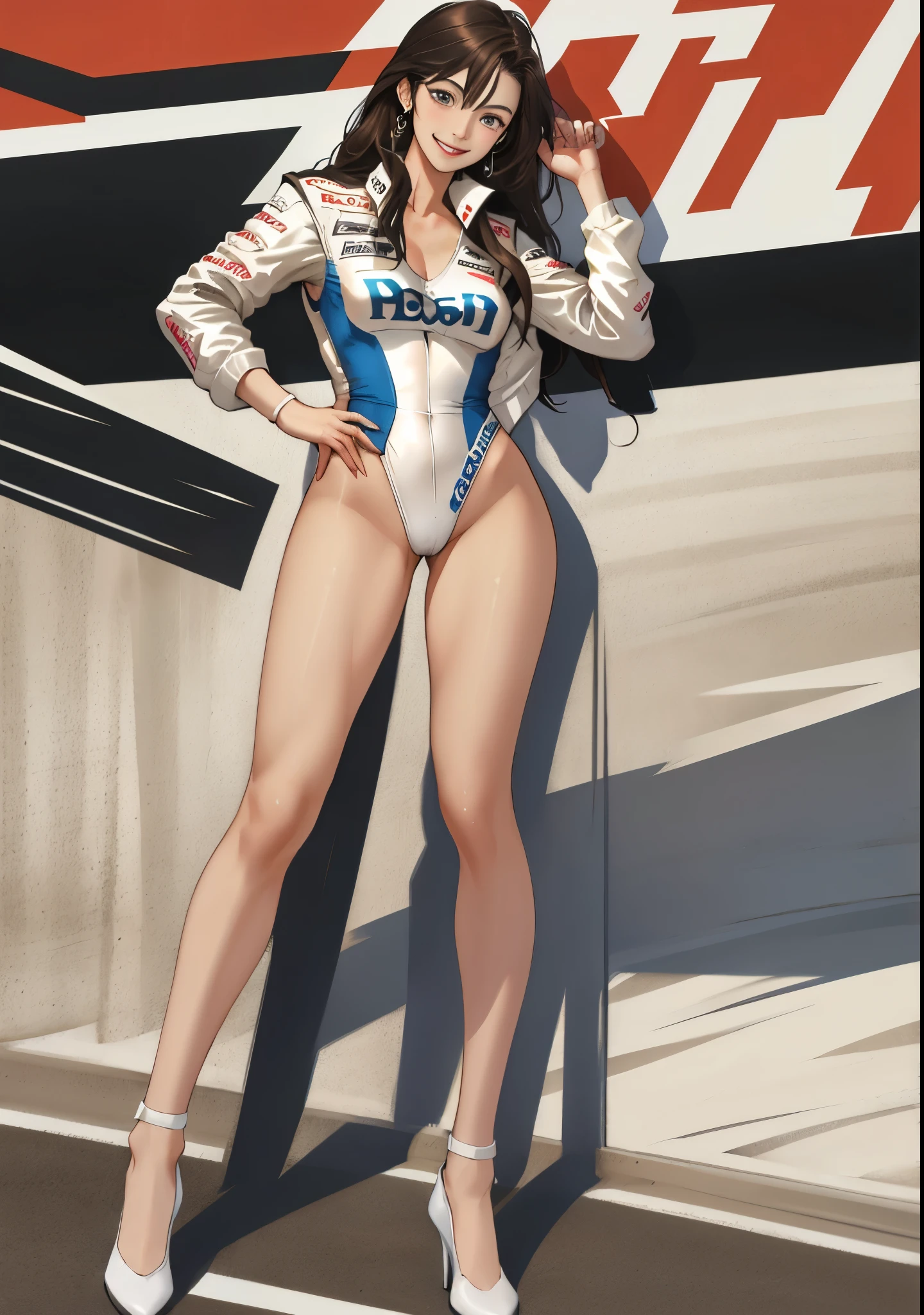 nsfw,(((1girl))),masterpiece,best quality,masterpiece, ultra quality, high quality, beautiful detailed glow,film Reflection,(plump thighs:1.3),((Voluptuous,glamorous,Chubby,thicc,curvy,Leggy,Tall,hanging breasts,1 grandma)), (public hair:1.7),(((Pubic hair shows through))),(((nipple shows through))), (open legs:1.5),((squatting,spread legs,m legs,arms behind back)),(upturned eyes:1.5),
((Wearing a grid girl outfit with sponsor's logo printed, costume, uniform, race queen)),skirt suit,white thong, high heels,