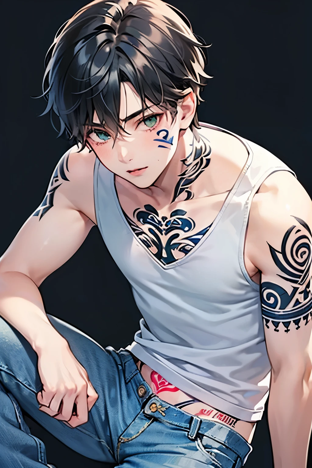  ((1-boy :1.5)),((Adult men with sex appeal:1.0)), black hair,  for men,  medium hair with visible tattoos , green eyes ,Beautiful Boy, skinny,lips,Checkered background,close up Face,((tattoo on right arm:1.2)), tank top, denim pants