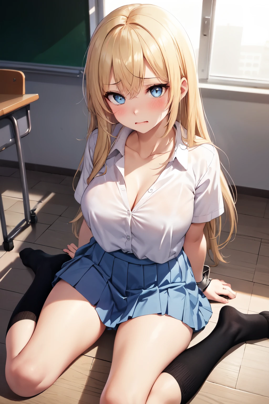 (Nude) (((Cum in Mouth))) (young beautyful girl) (tearful) kneeling blonde (fellatio) (1fat__boy) black_penis (in the school) the head is grabbed by a man