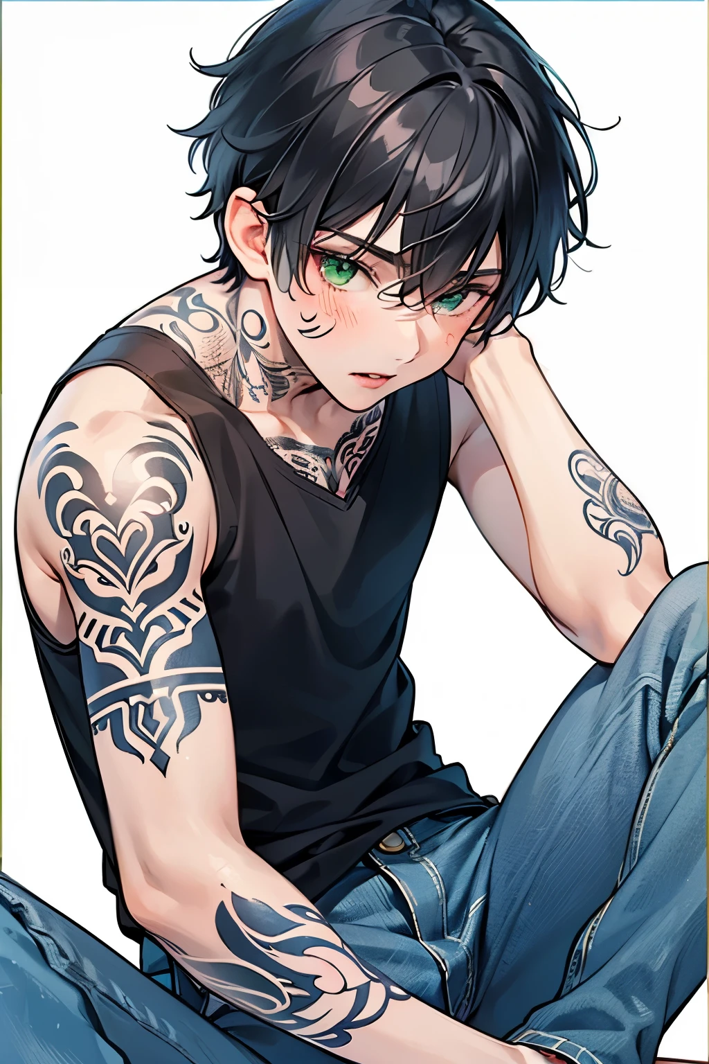 ((1-boy :1.5)),((Adult men with sex appeal:1.0)), black hair, for men, medium hair with visible tattoos , green eyes ,Beautiful Boy, skinny,lips,Checkered background,close up Face,((tattoo on right arm:1.2)), tank top, denim pants